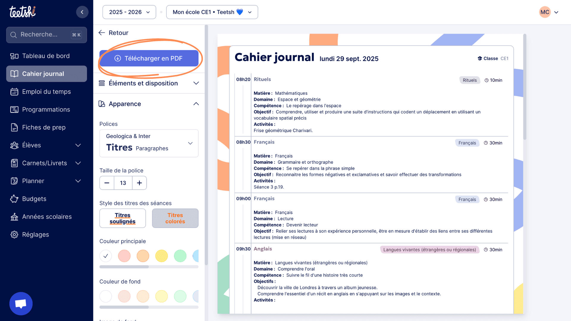 Aperçu Télécharger un cahier journal en PDF avant impression