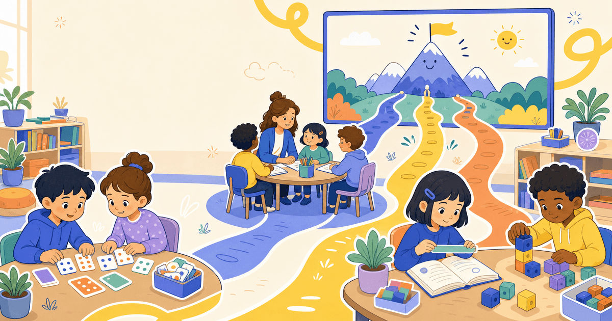 Illustration : une classe de primaire où les élèves apprennent par des chemins différents vers un même objectif, métaphore de la différenciation pédagogique.