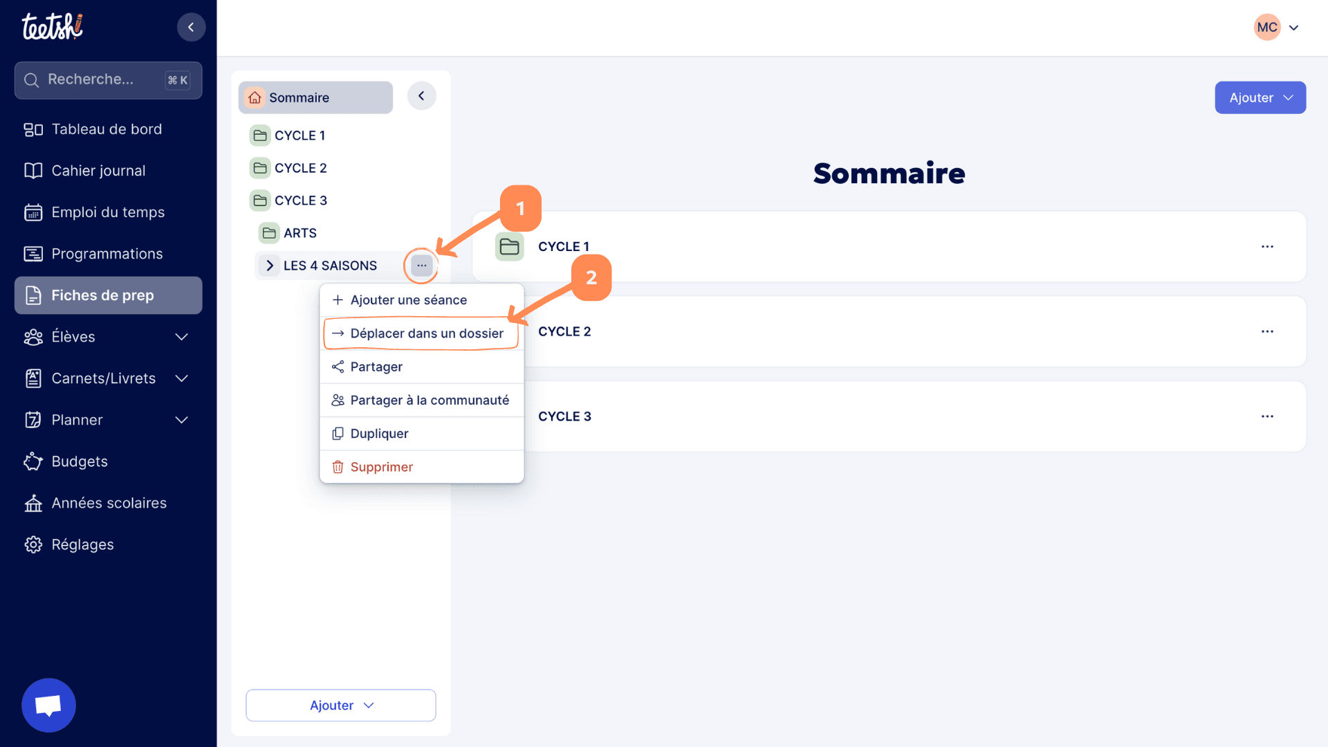 Aperçu Déplacer une séquence ou une fiche de prep dans un dossier