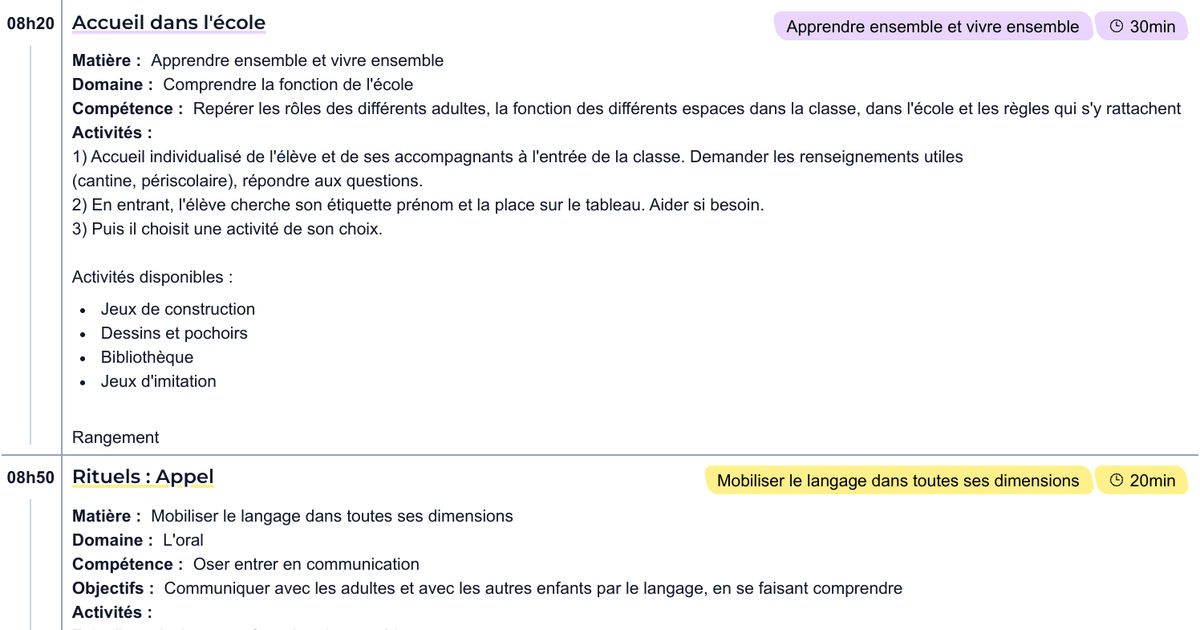 Exemple de cahier journal d'une classe de GS