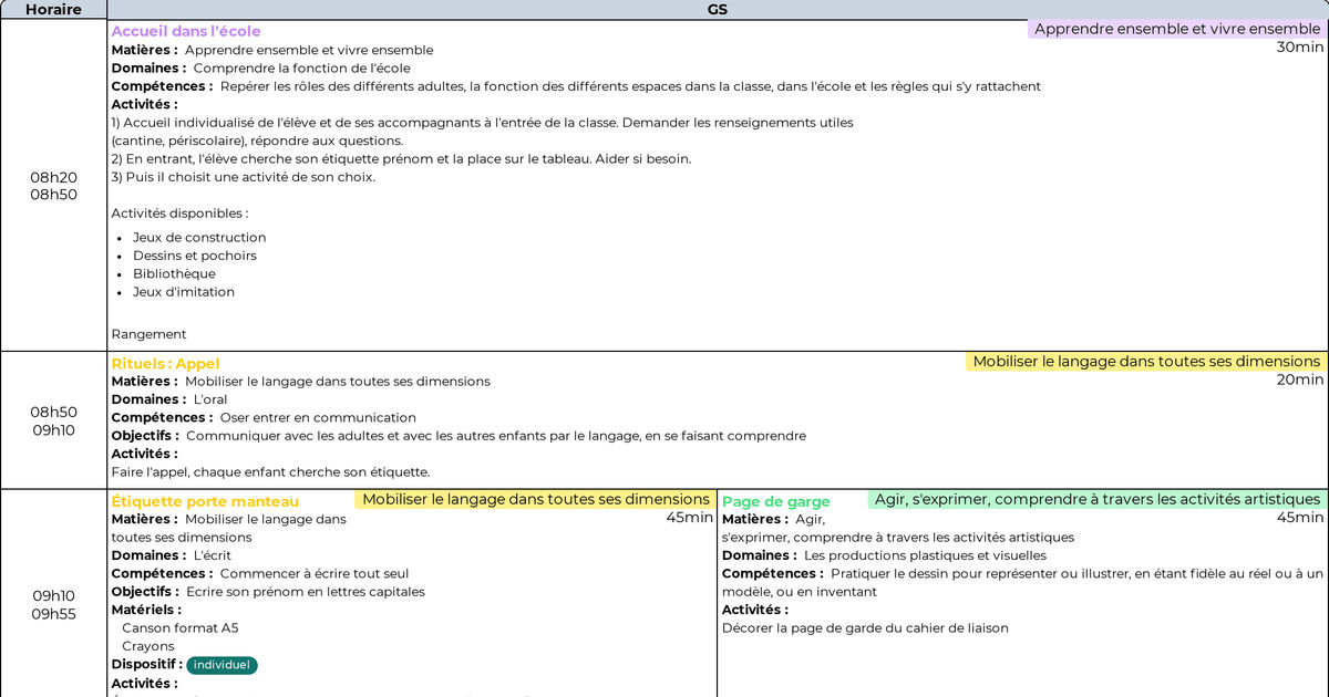 Exemple de cahier journal d'une classe de GS