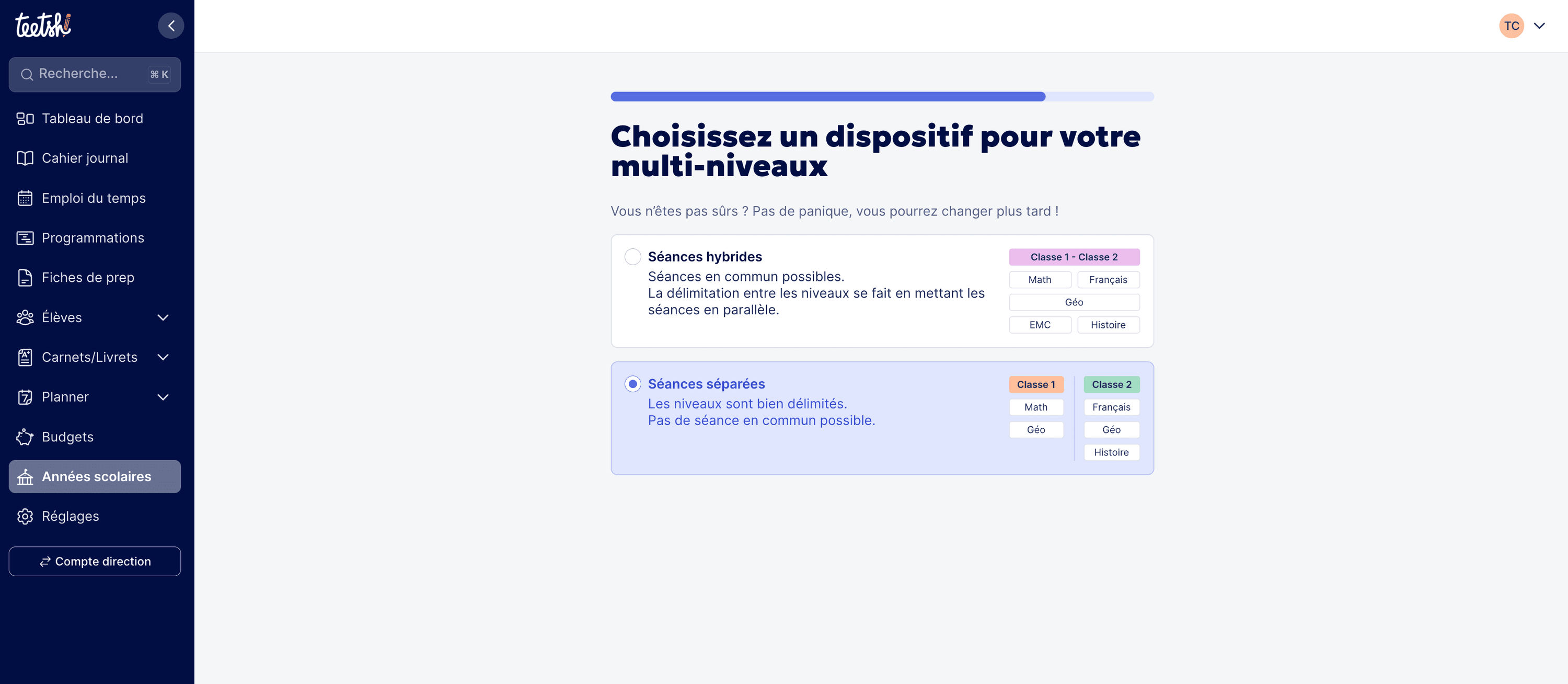 Choix [Séances séparées] en multiniveau