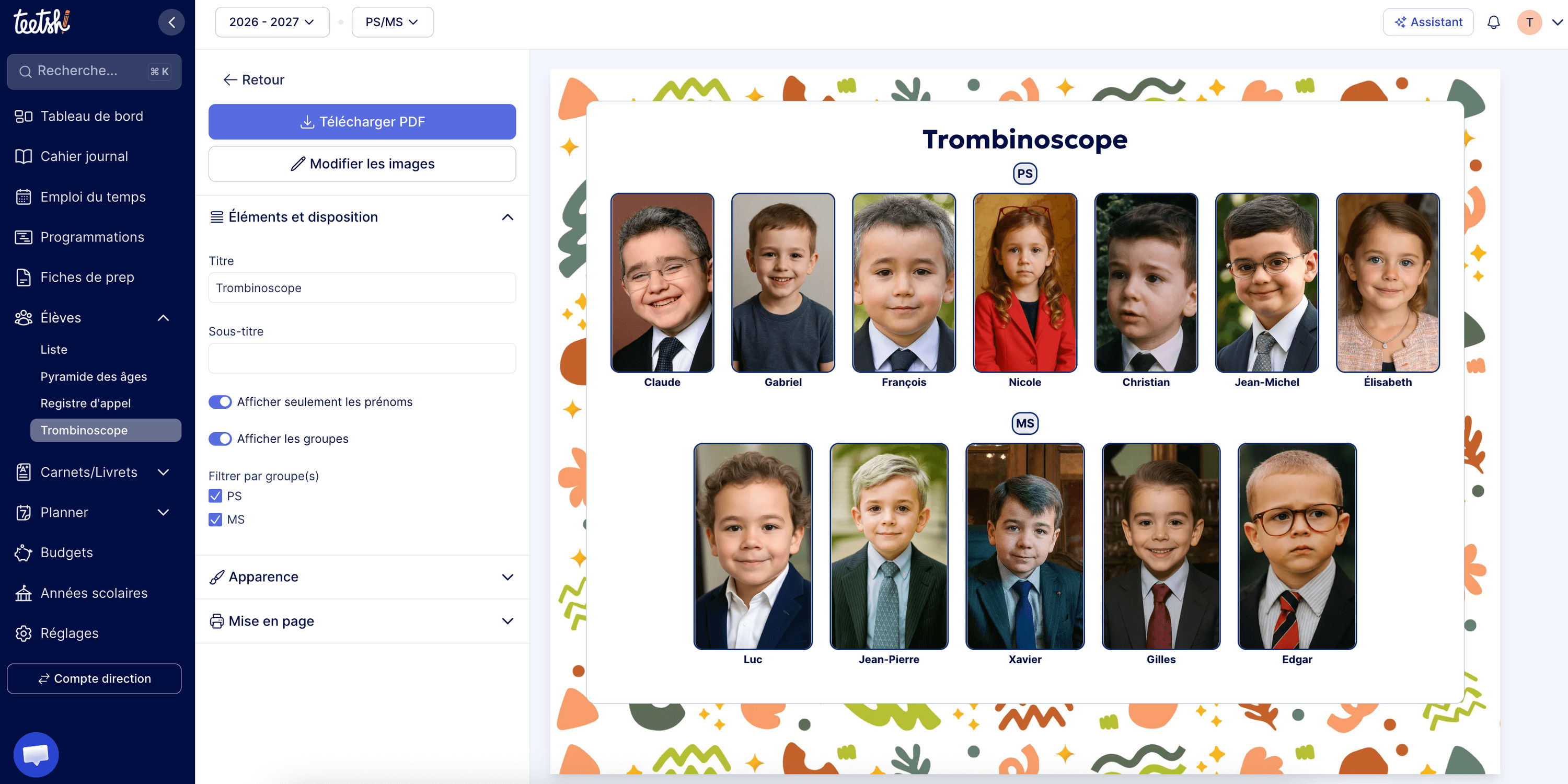 Aperçu de l’option “Afficher les groupes” sur le Trombinoscope