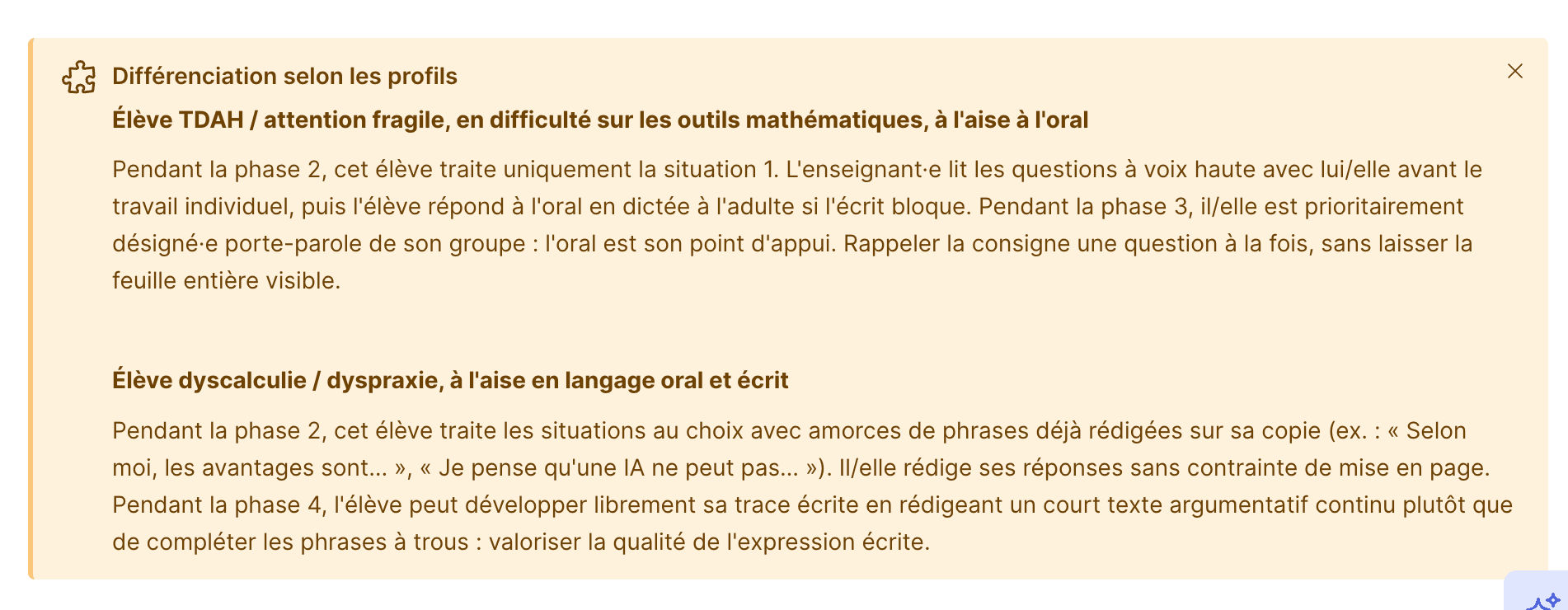 Encadré Différenciation selon les profils généré par Teetsh dans une fiche de préparation, avec une consigne concrète phase par phase pour chaque élève.