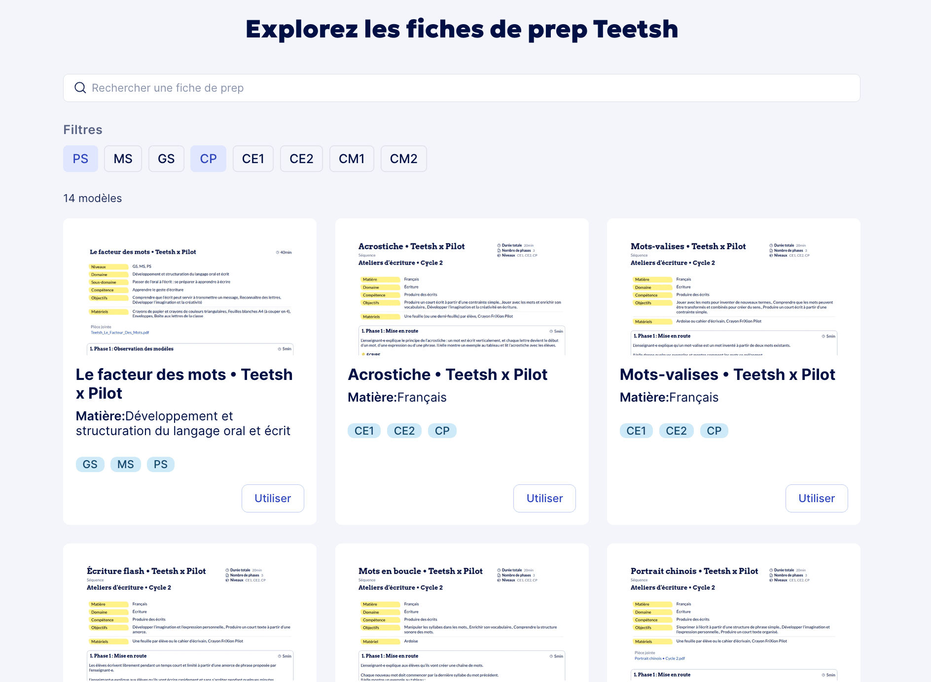 bibliothèque de fiches de prep dans Teetsh