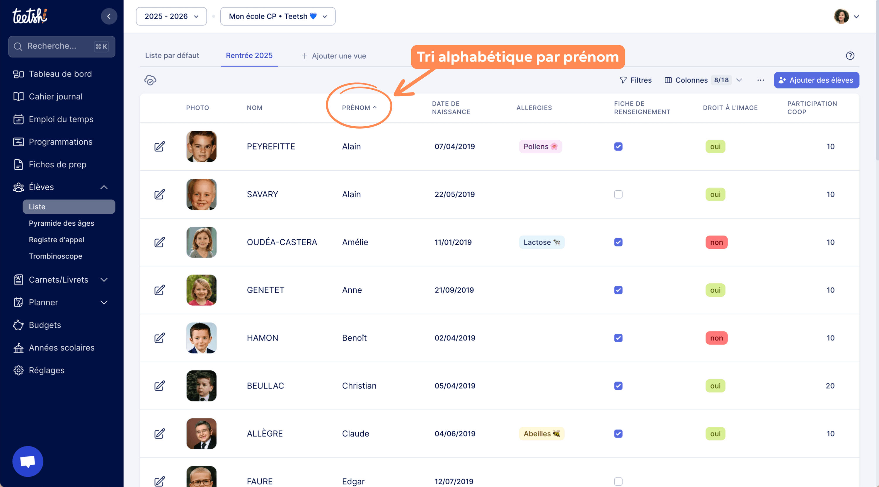 Aperçu Sélection d’un tri alphabétique par prénom