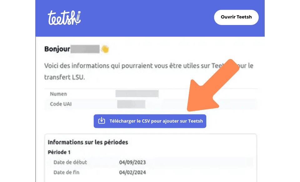Aperçu Bouton pour télécharger le fichier CSV contenant vos élèves