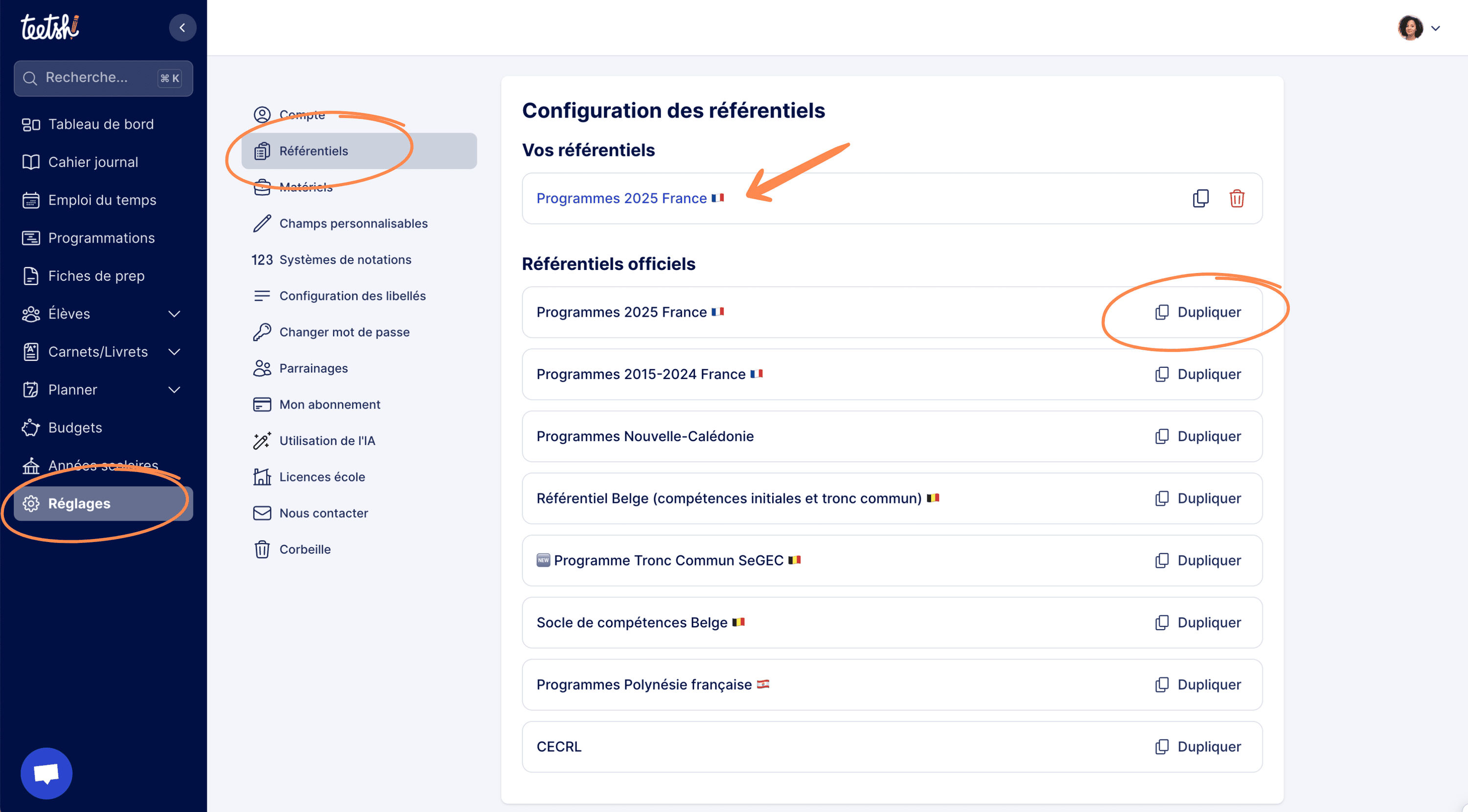 Aperçu - Modification d’un référentiel existant