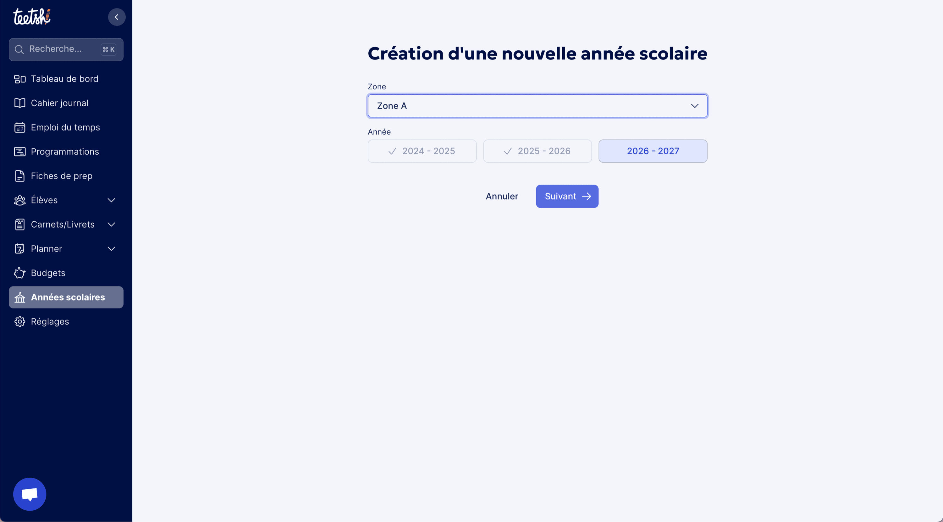 Aperçu - Sélection de l’année scolaire et de la zone