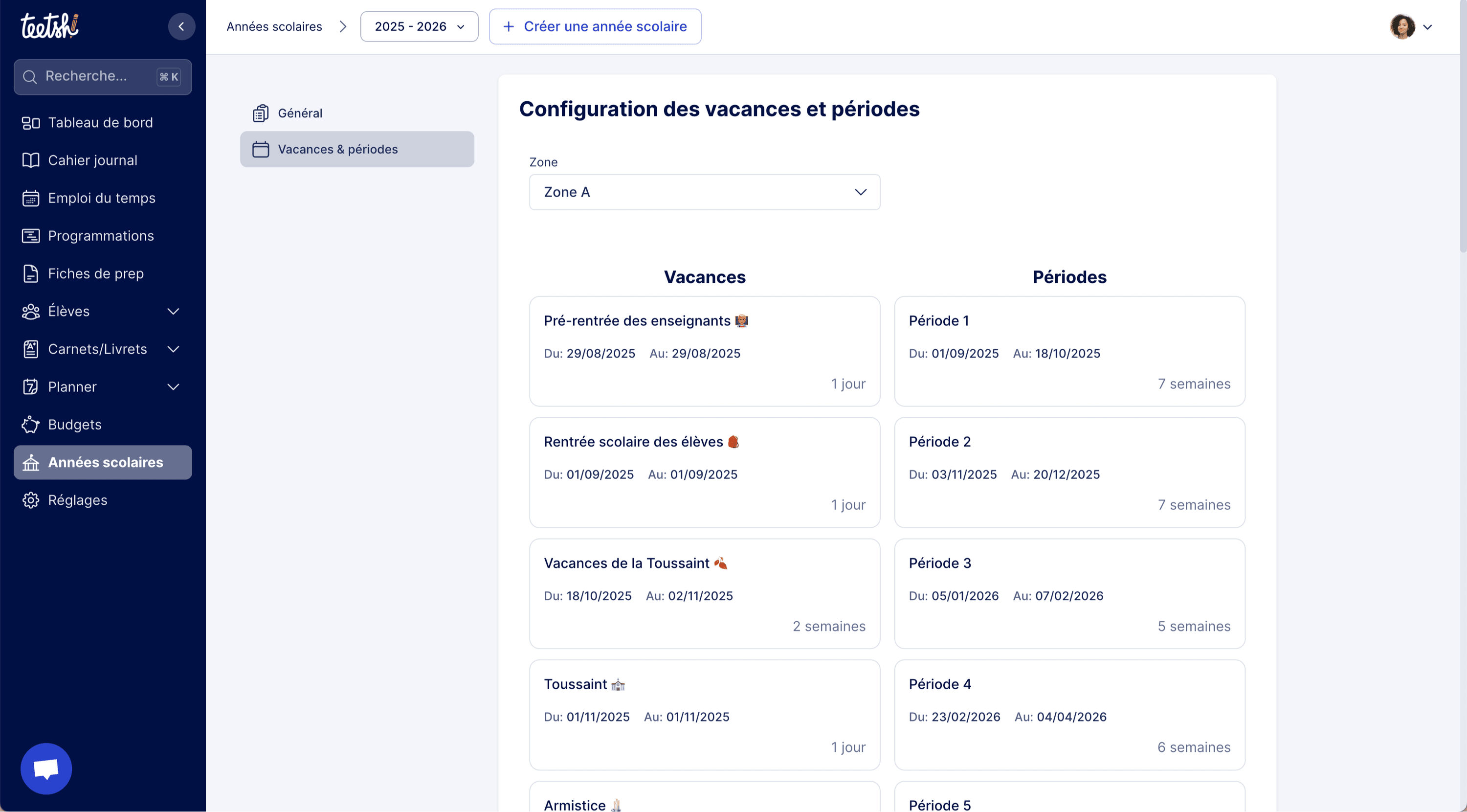 Aperçu - Configuration des vacances et périodes