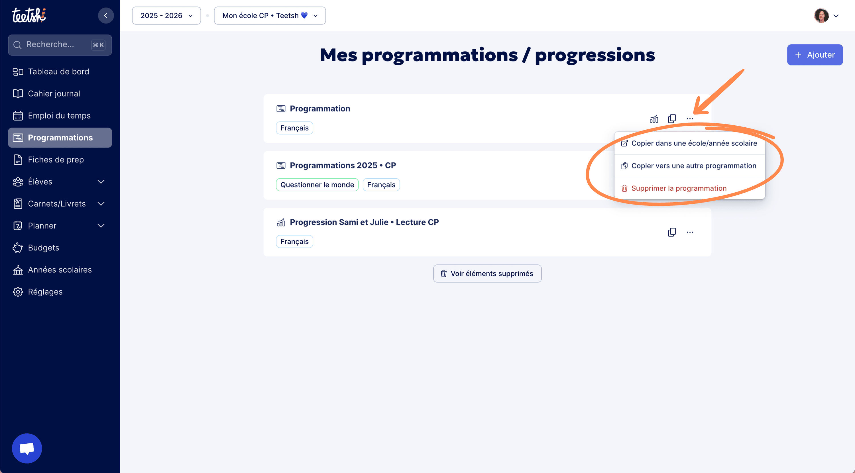 Aperçu - Cliquer sur “Copier dans une école/année scolaire”