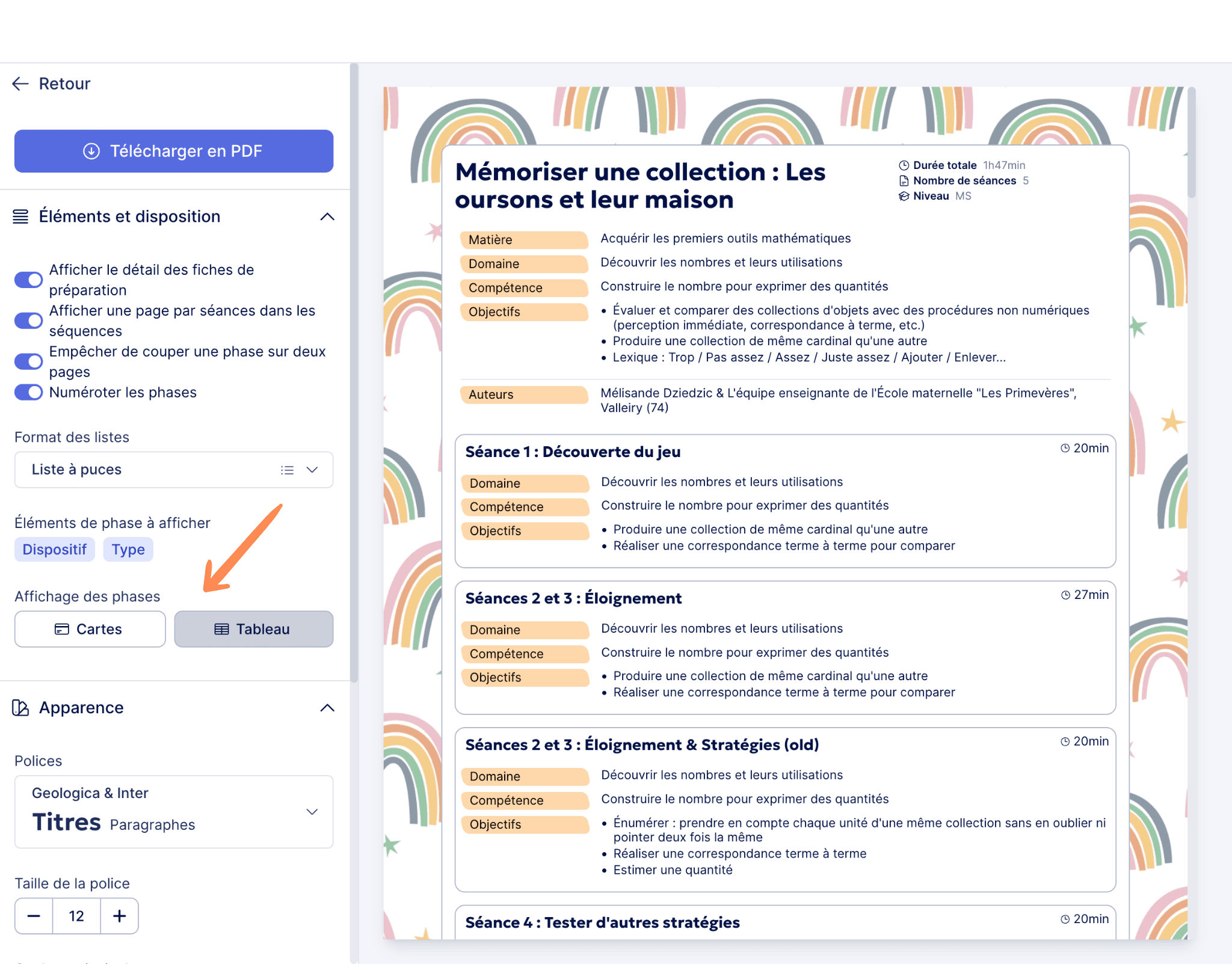 Aperçu Personnaliser l’export PDF