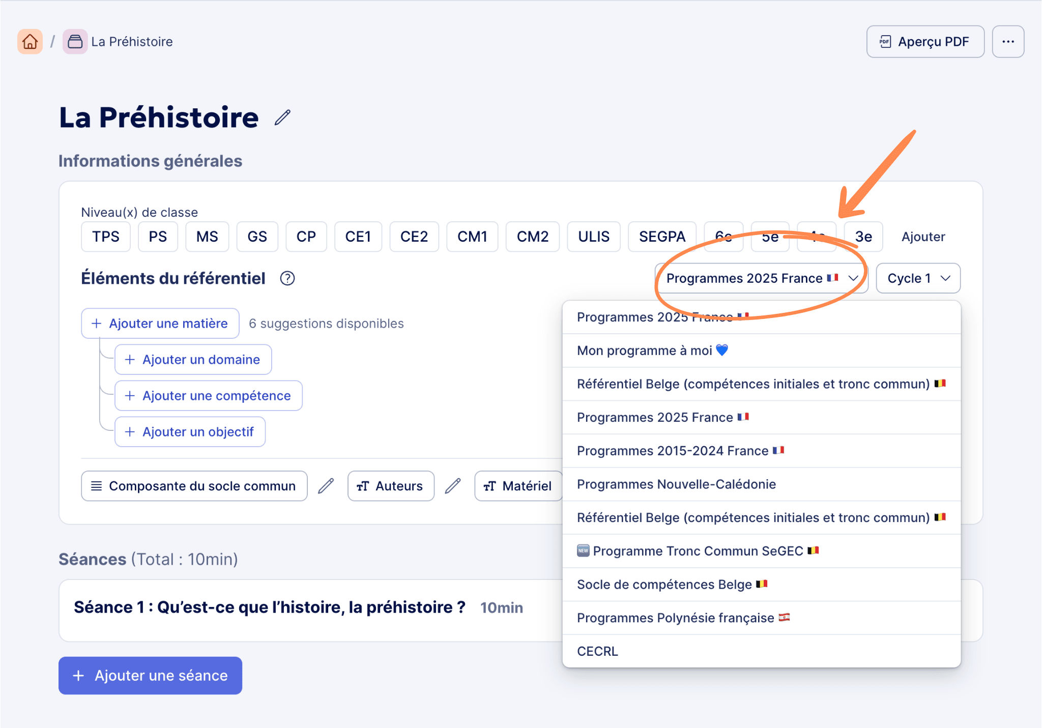 Aperçu Sélectionner les programmes officiels