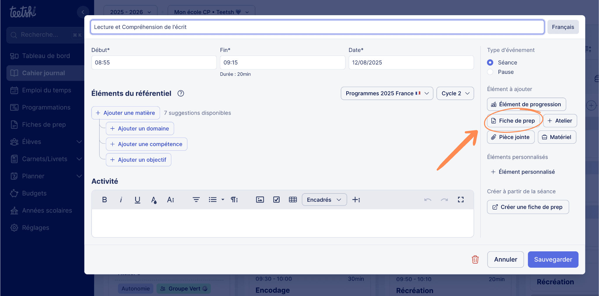 Aperçu Lier une fiche de préparation au cahier journal