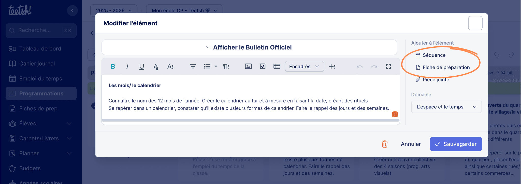 Aperçu Associer une fiche de préparation à une programmation