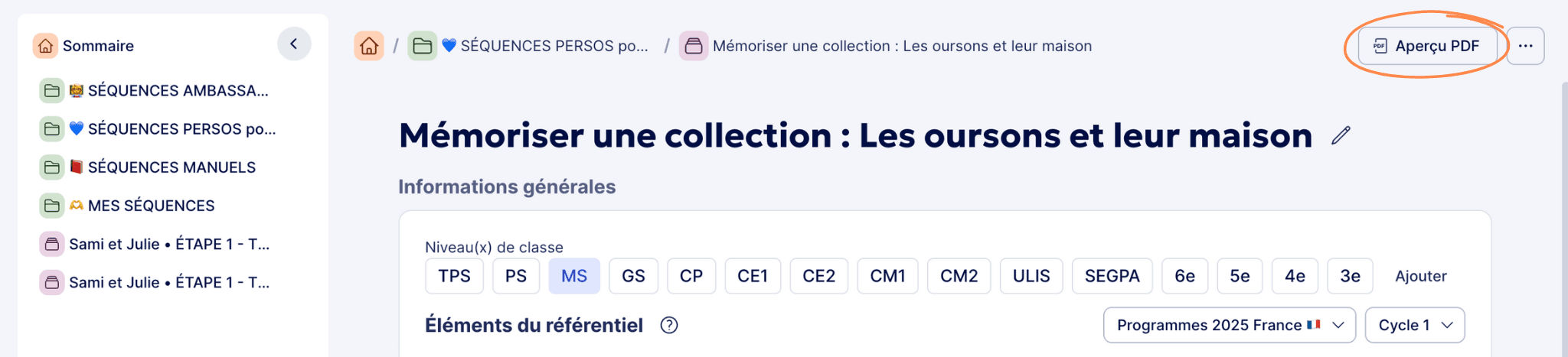 Aperçu Prévisualiser la séquence en PDF