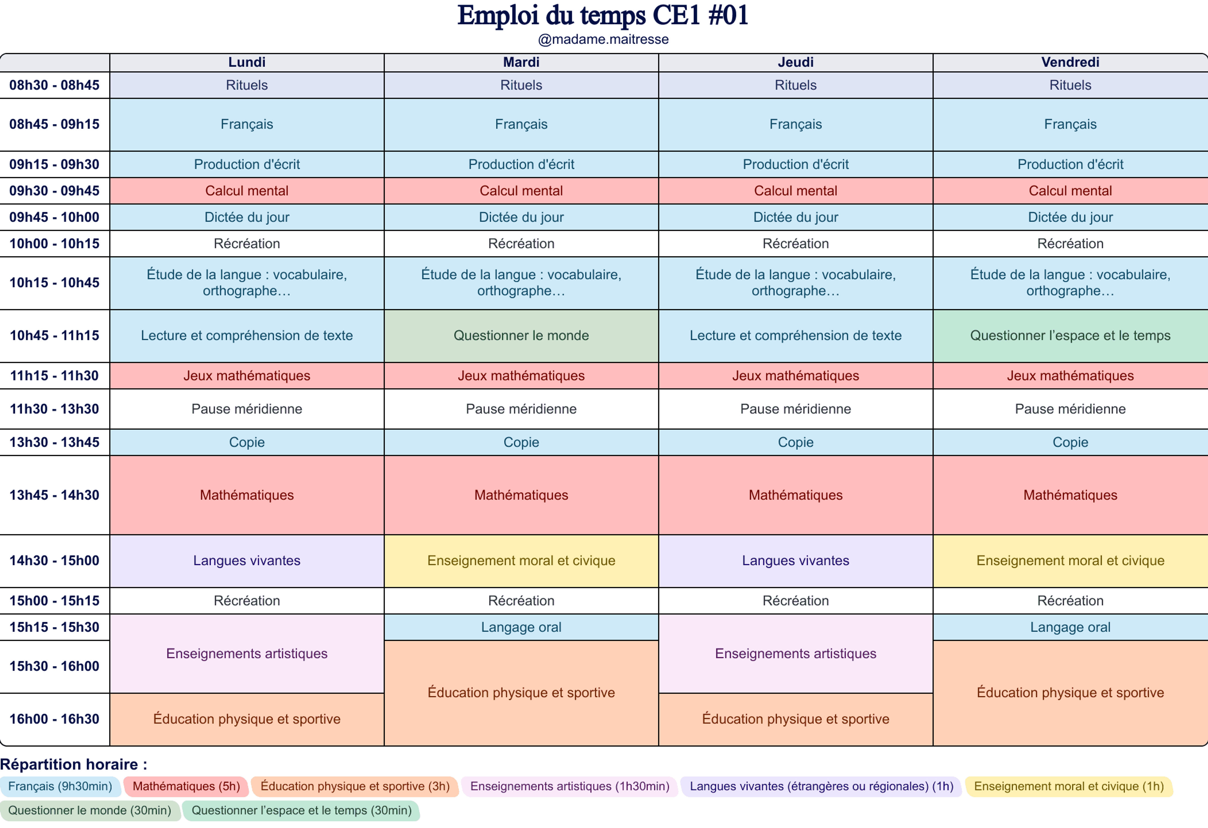 Emploi du temps CE1 – Modèles Cycle 2 | Teetsh