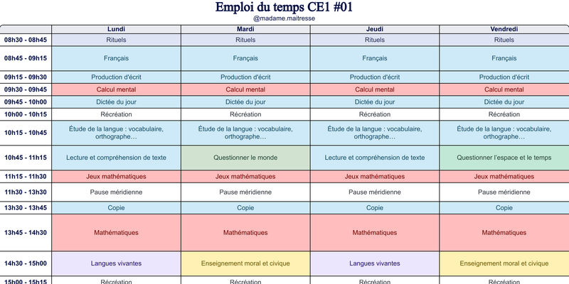 Aperçu Emploi du temps CE1 #01