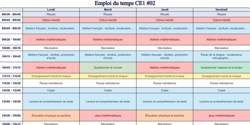 Aperçu Emploi du temps CE1 #02