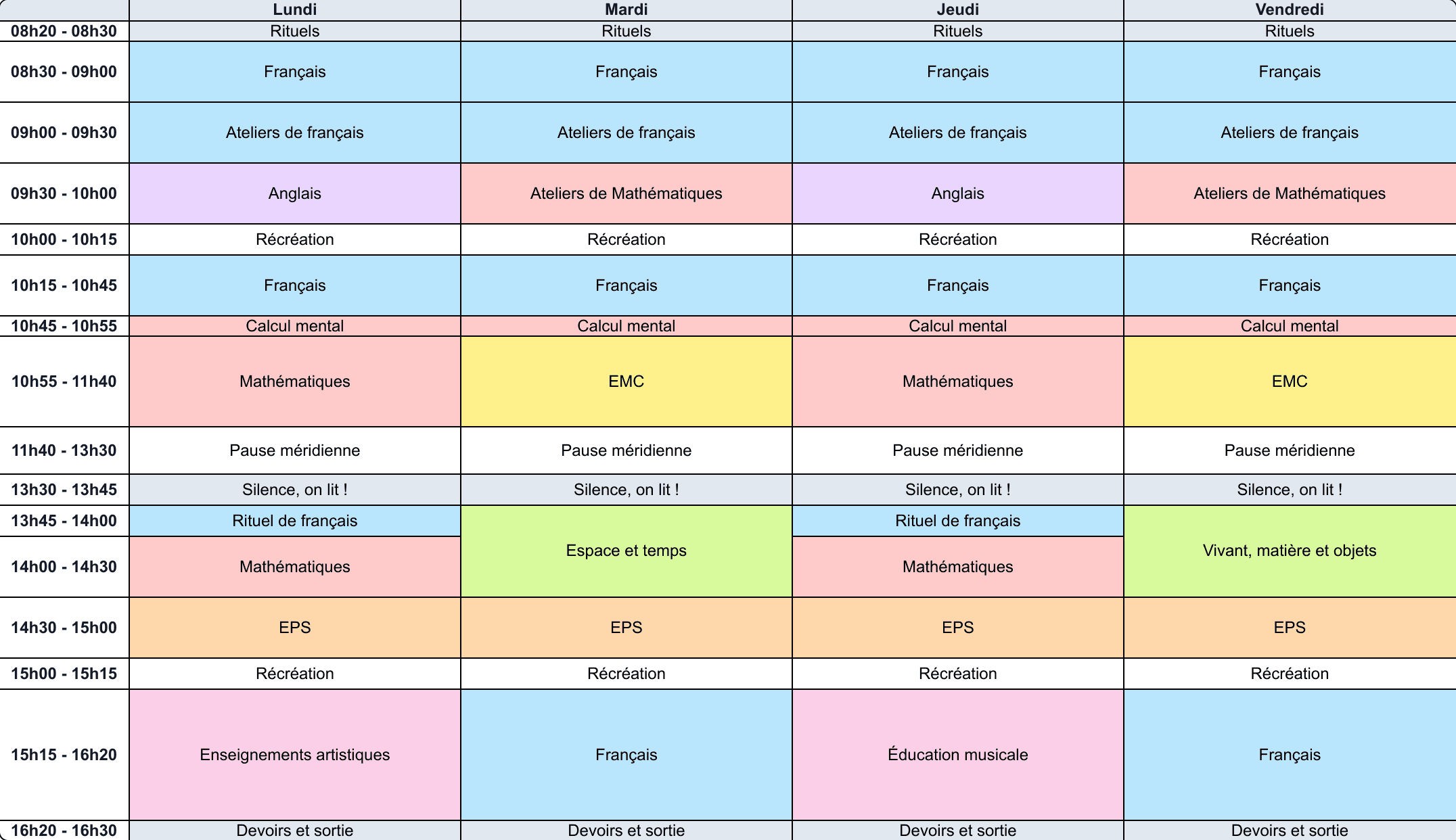 Exemple d'emploi du temps CE1 #02