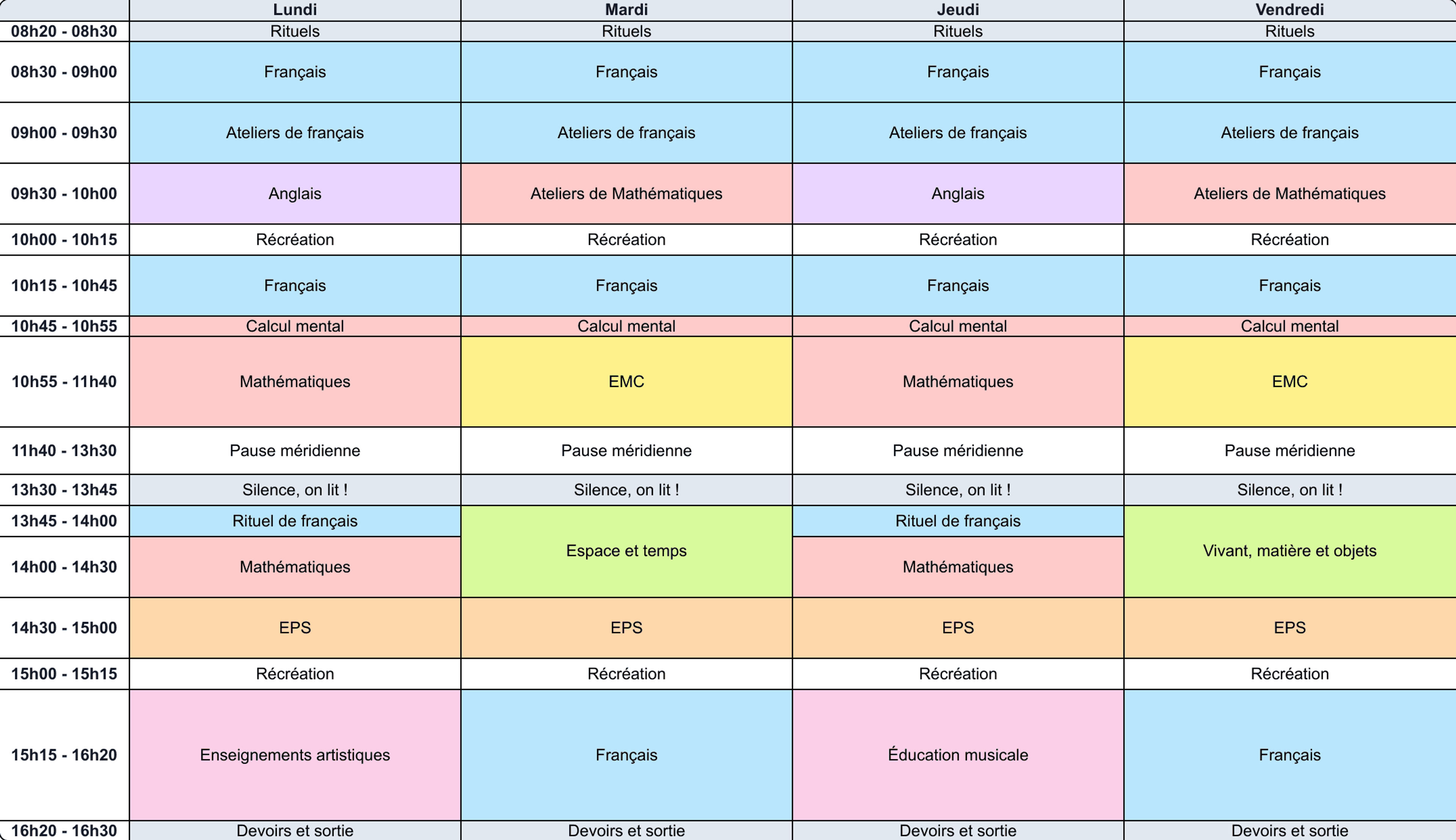 Exemples emploi du temps CE1 - Cycle 2 - Teetsh