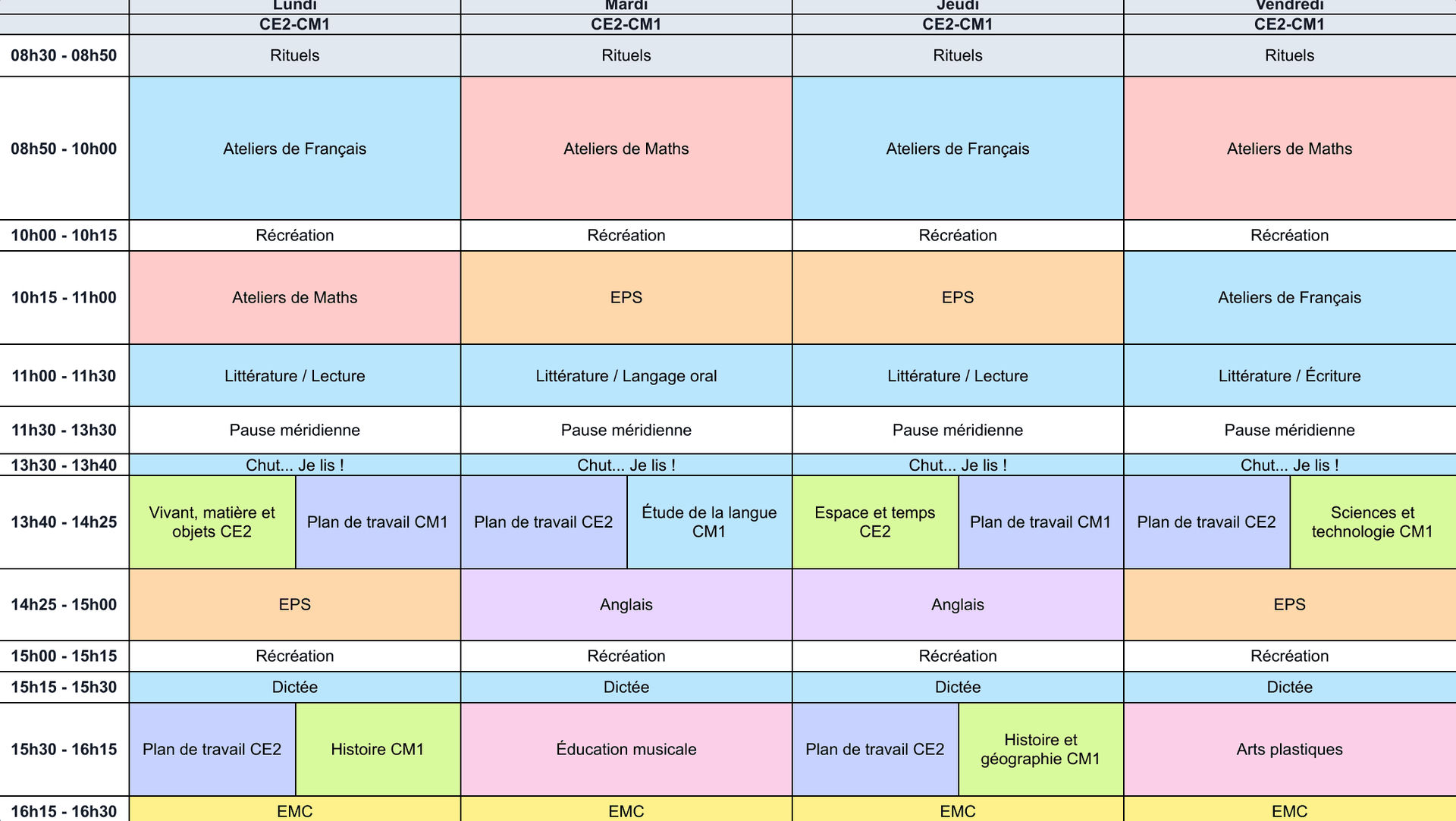 Emploi du temps CE2-CM1 sur 4 jours - Cycle 2 - Teetsh