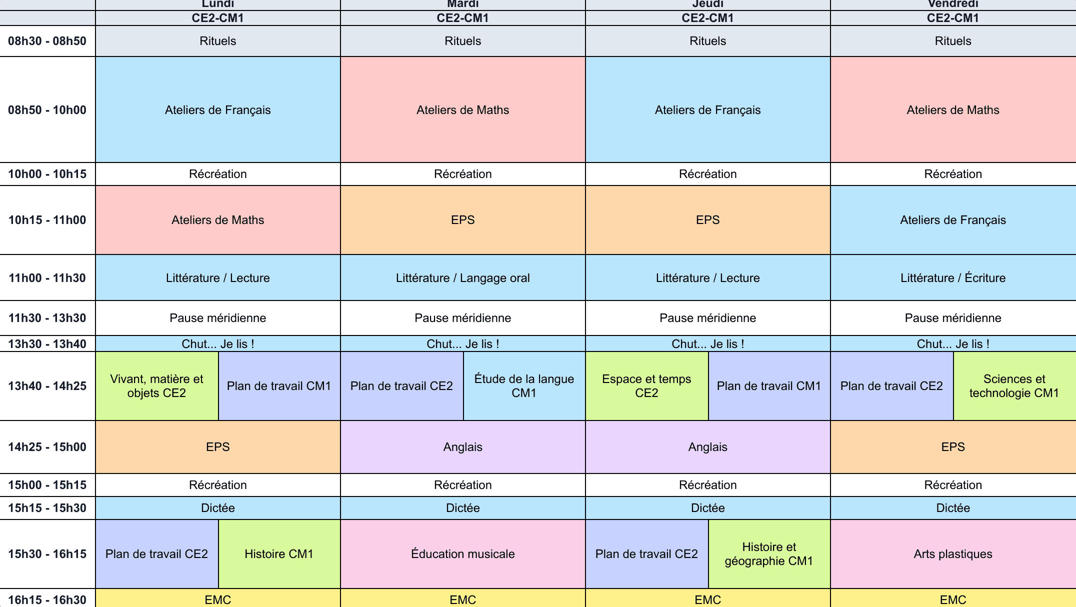 Aperçu Emploi du temps CE2-CM1