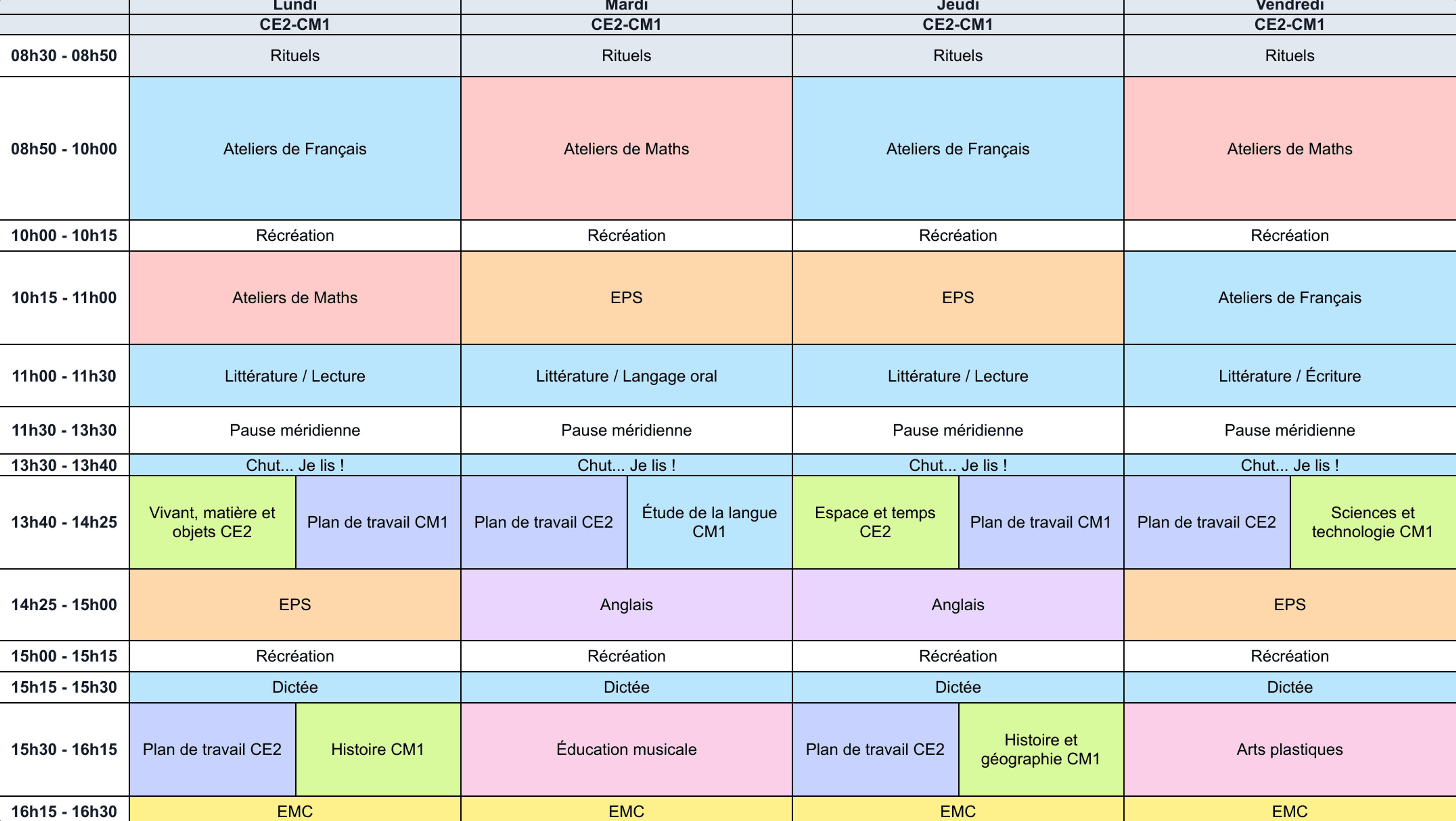 Emploi du temps CE2-CM1 sur 4 jours - Cycle 2 - Teetsh