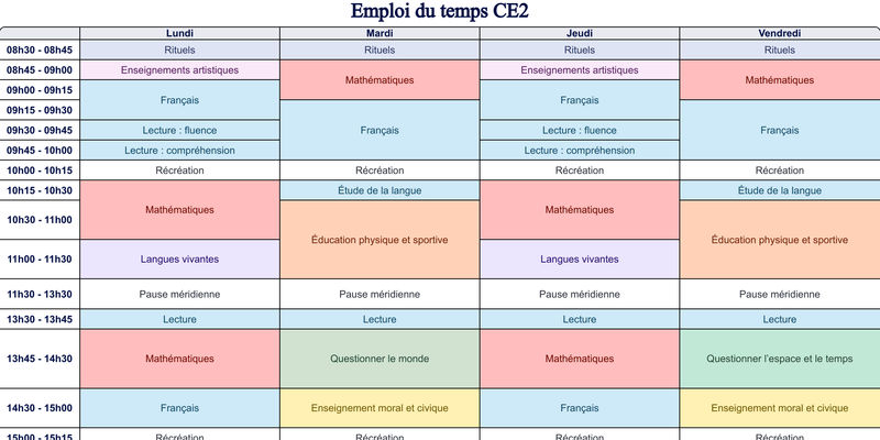 Aperçu Emploi du temps CE2