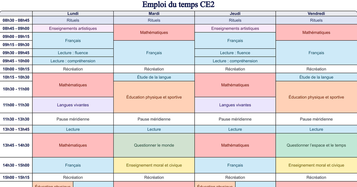 Emploi du temps CE2 – Modèles Cycle 2 | Teetsh