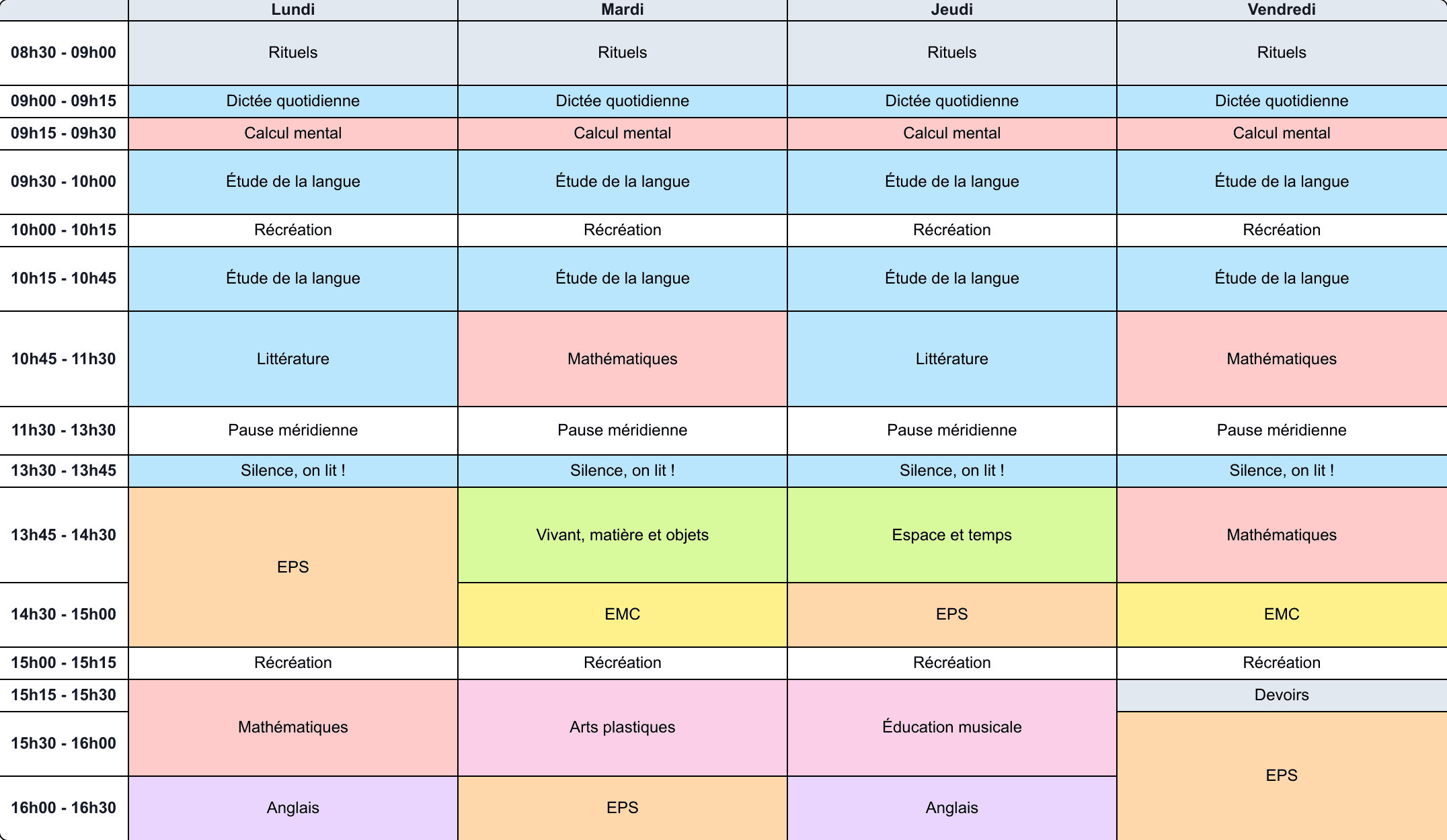 Aperçu Emploi du temps CE2