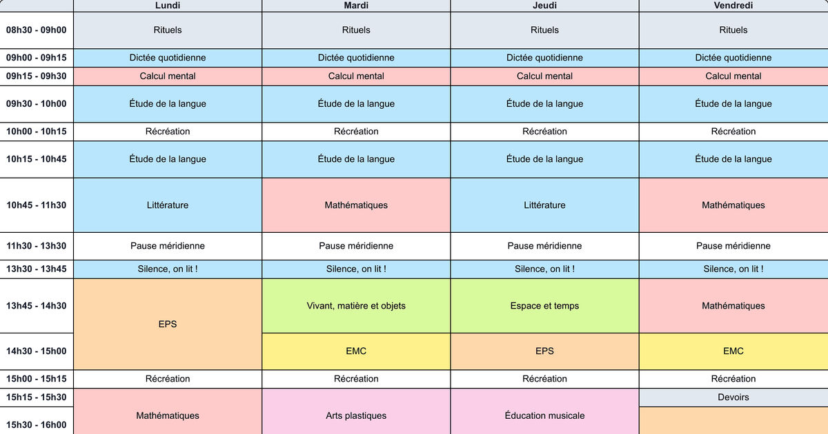 Emploi du temps CE2 sur 4 jours - Cycle 2 - Teetsh
