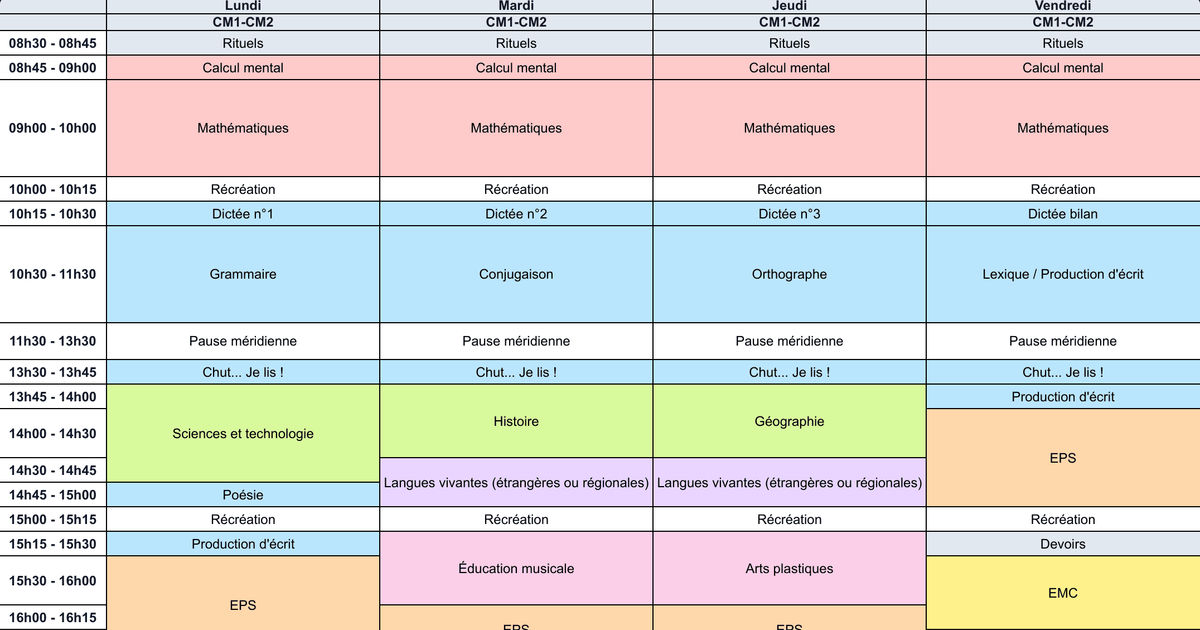 Emploi du temps CM1 CM2 sur 4 jours - Cycle 3 - Teetsh
