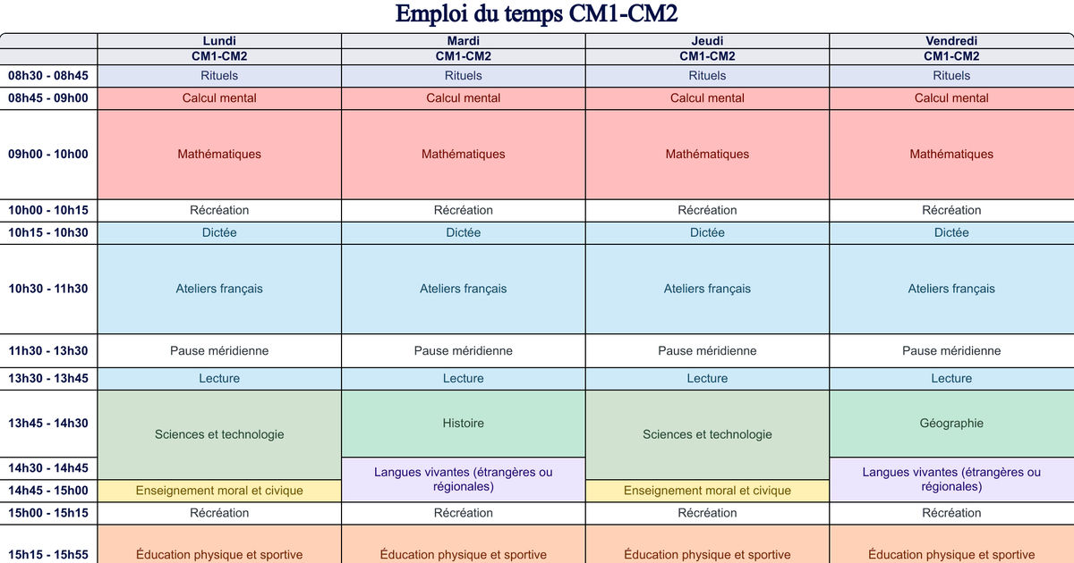 Emploi du temps CM1-CM2 - Cycle 3 - Teetsh