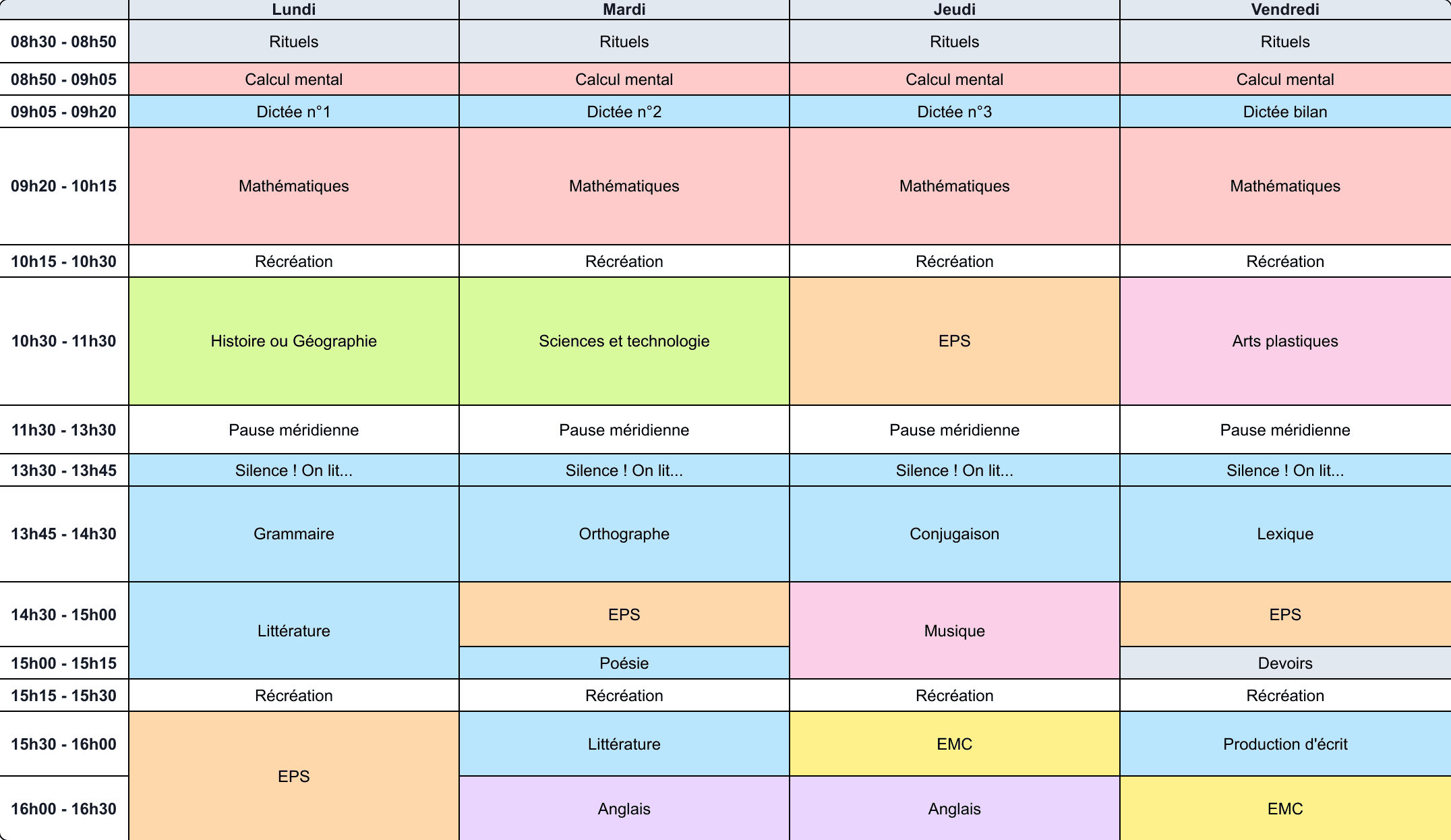 Aperçu Emploi du temps CM1