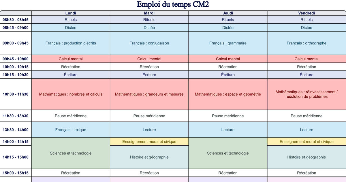 Emploi du temps CM2 – Modèles Cycle 3 | Teetsh