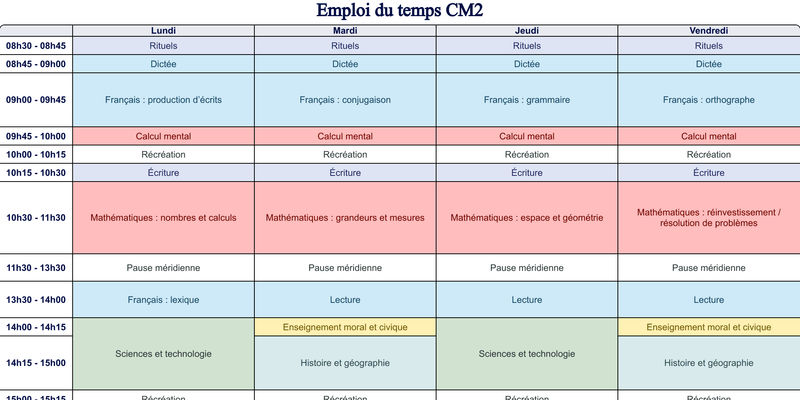 Aperçu Emploi du temps CM2