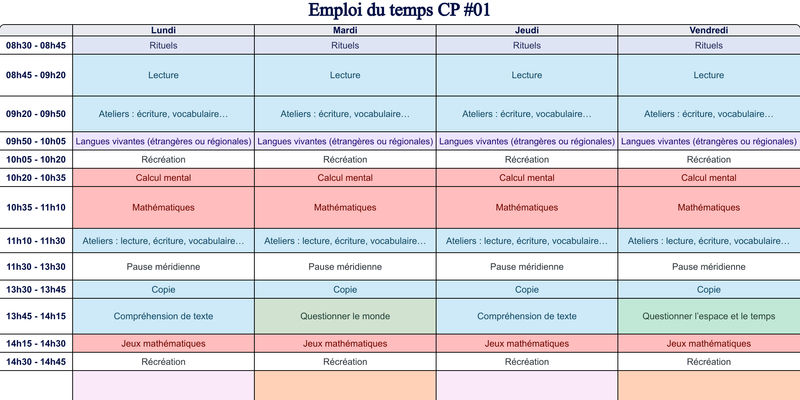 Aperçu Emploi du temps CP #01
