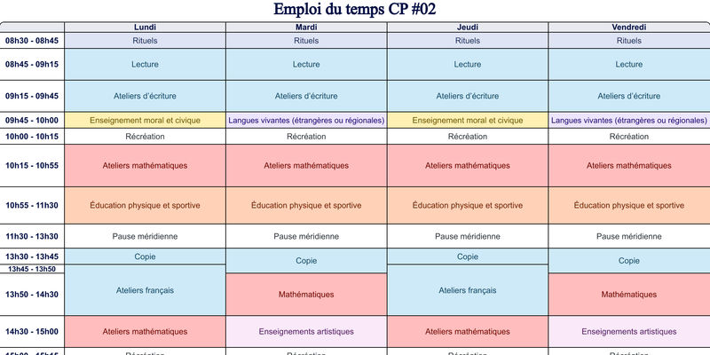 Aperçu Emploi du temps CP #02