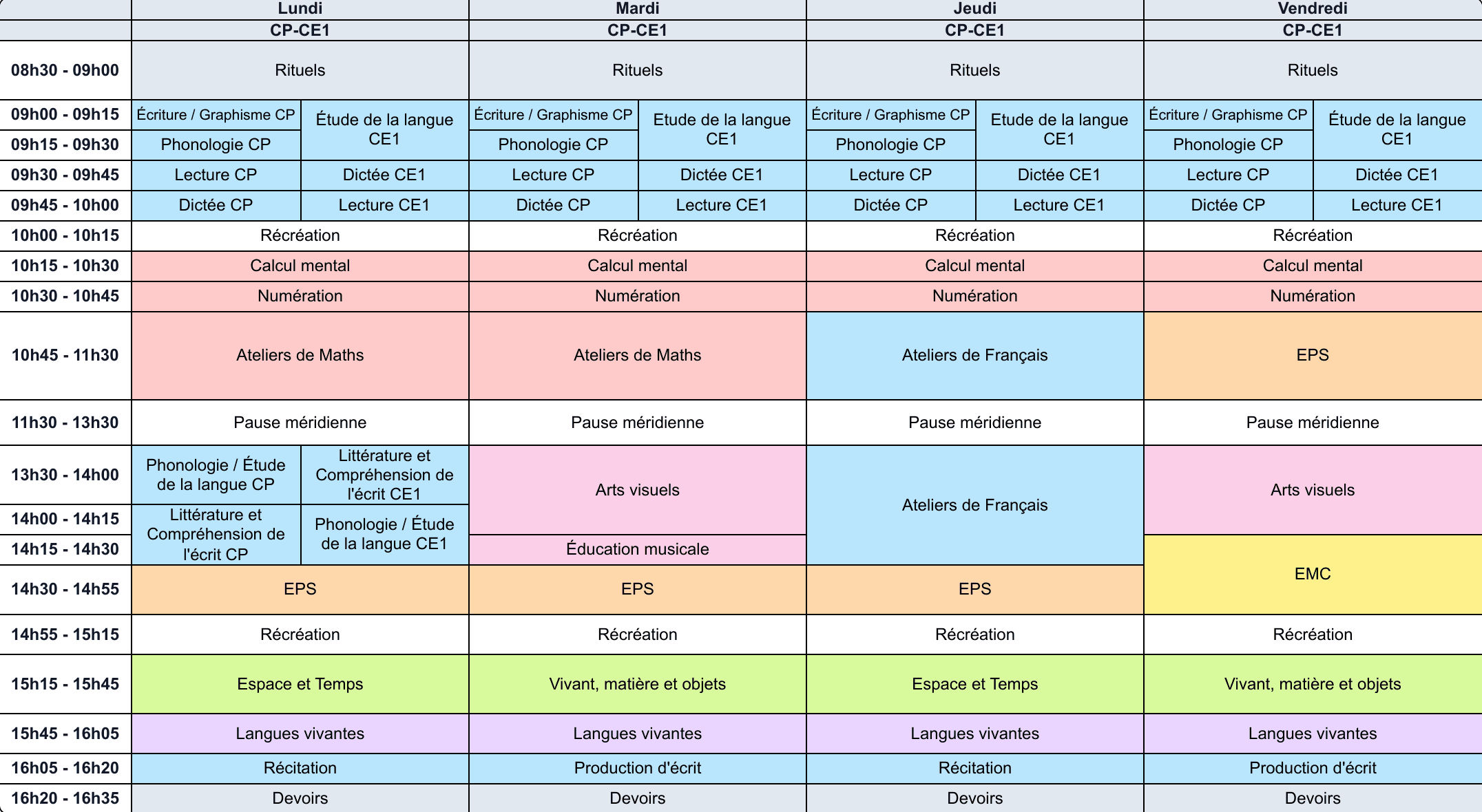 Aperçu Emploi du temps CP-CE1