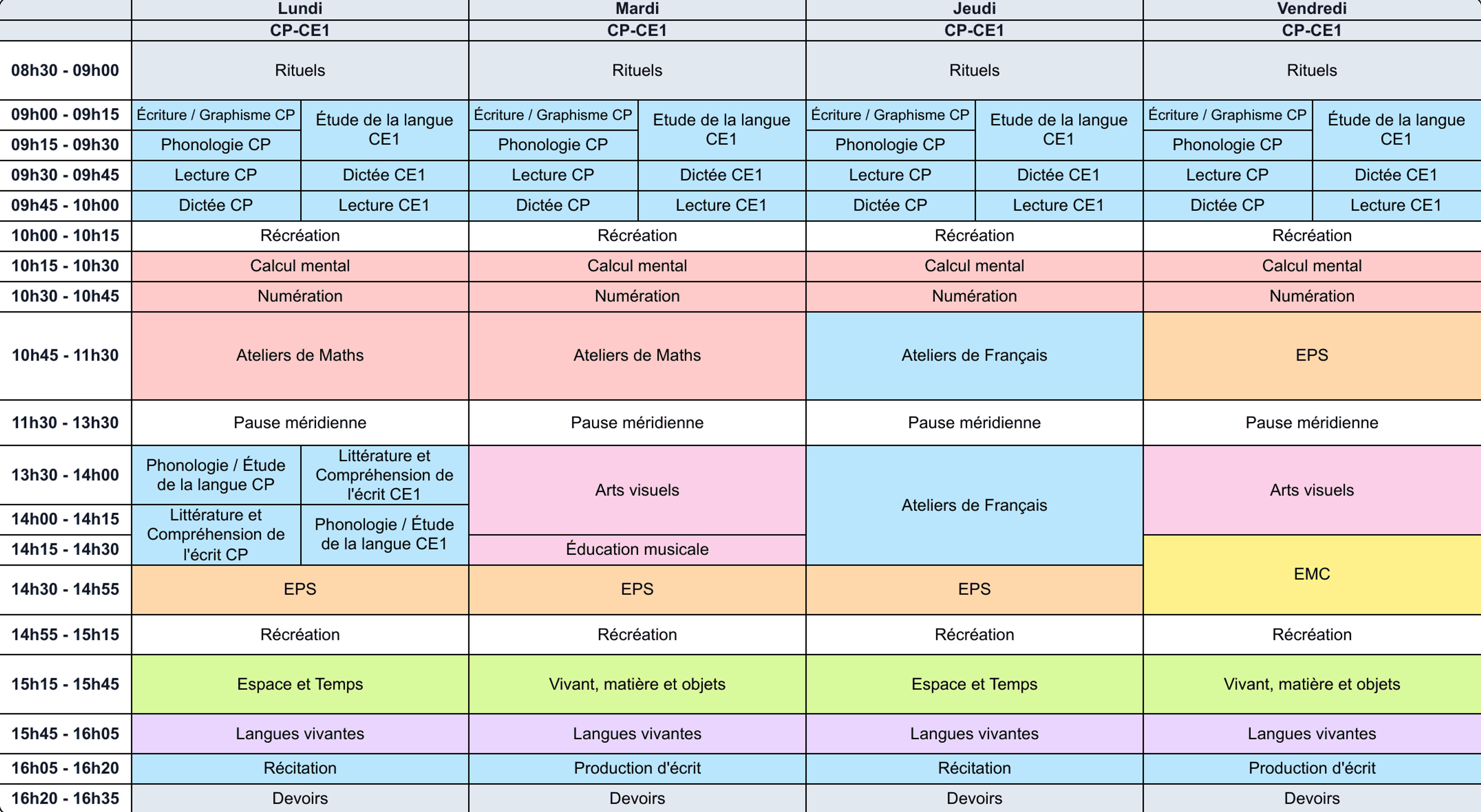 15 Séquences Espace Temps Cp/ce1 Pdf Emploi du temps CP CE1 sur 4 jours - Cycle 2 - Teetsh