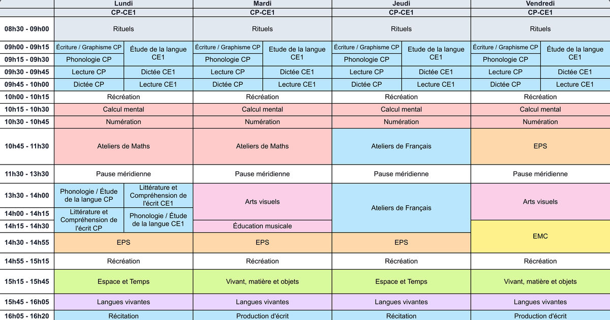Emploi du temps CP CE1 sur 4 jours - Cycle 2 - Teetsh