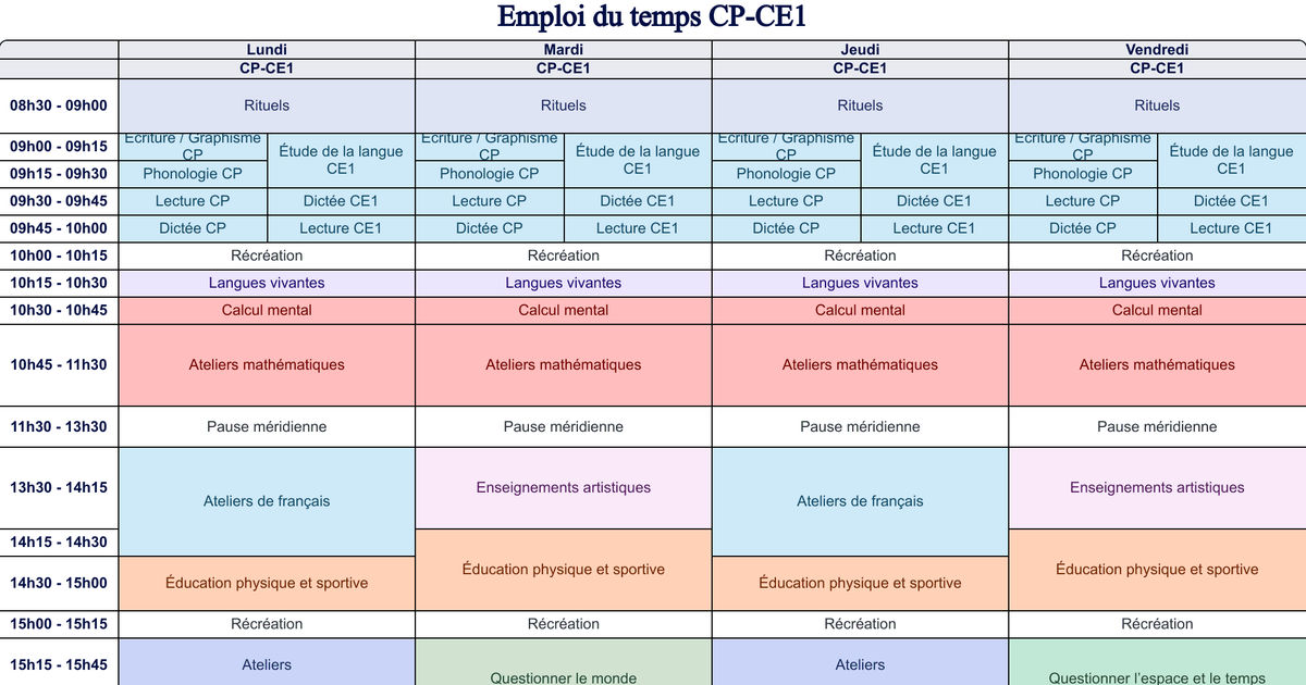 Emploi du temps CP-CE1 - Cycle 2 - Teetsh