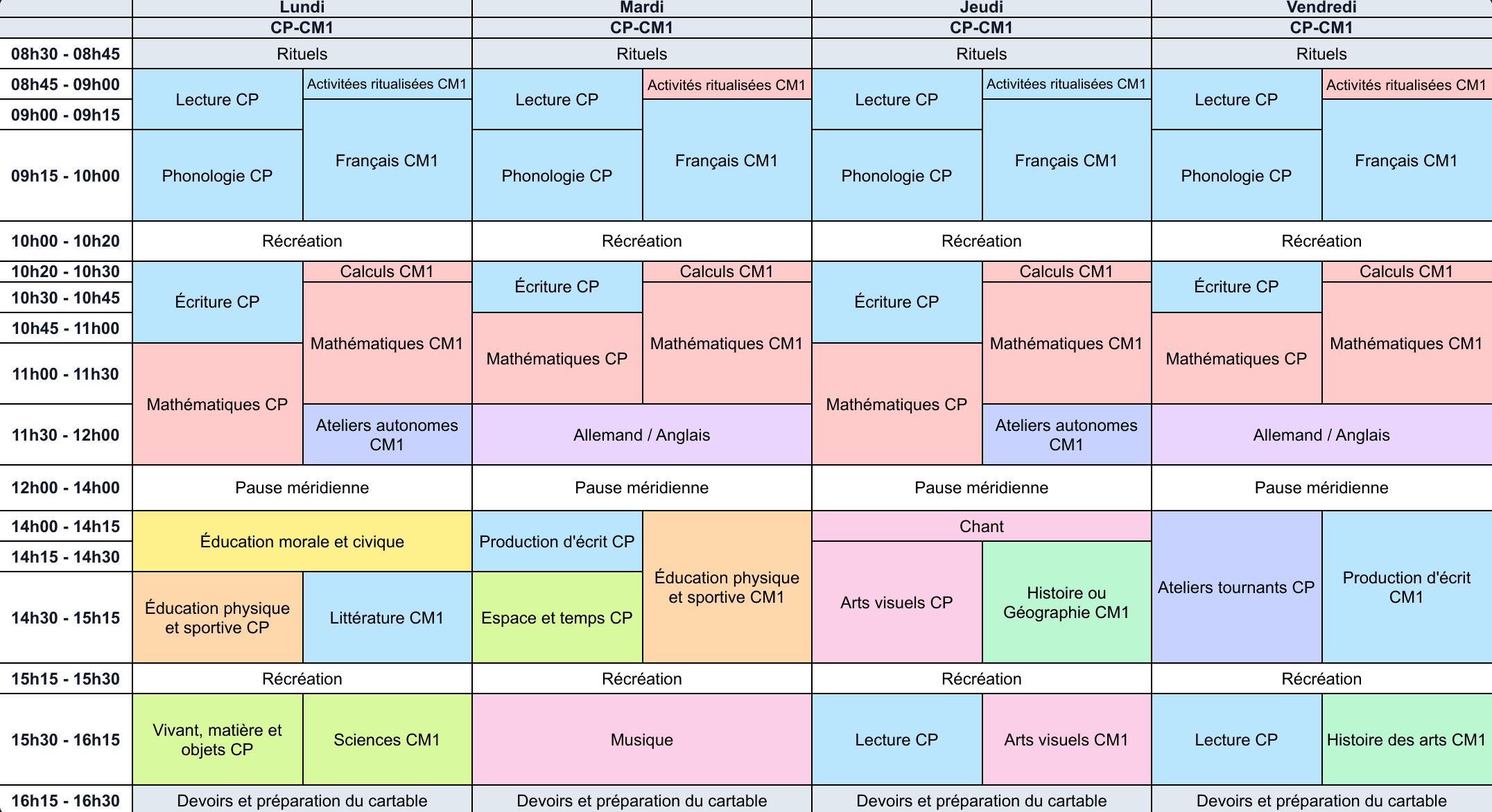 Aperçu Emploi du temps CP-CM1