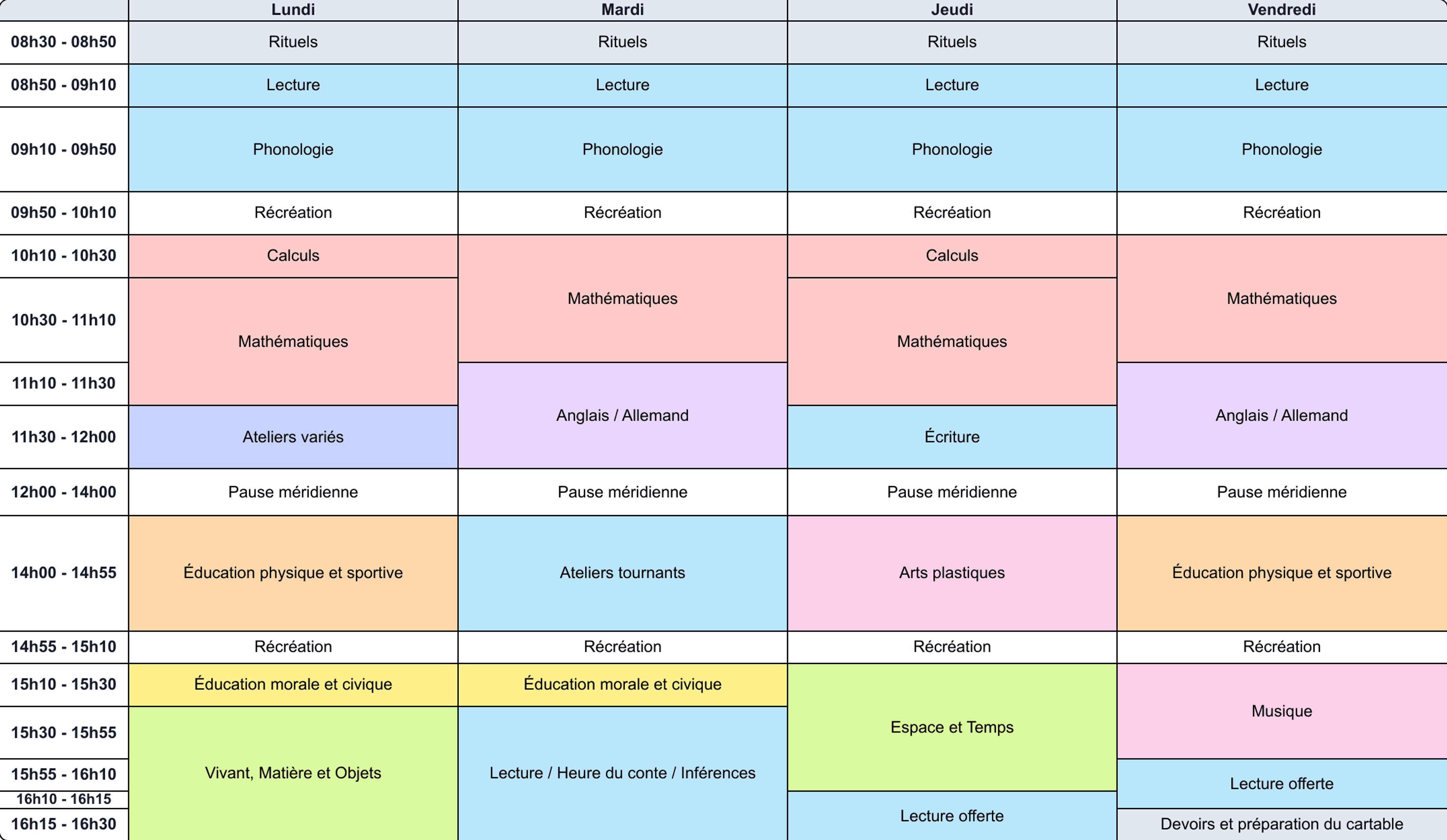 Emplois du temps CP sur 4 jours - Cycle 2 - Teetsh