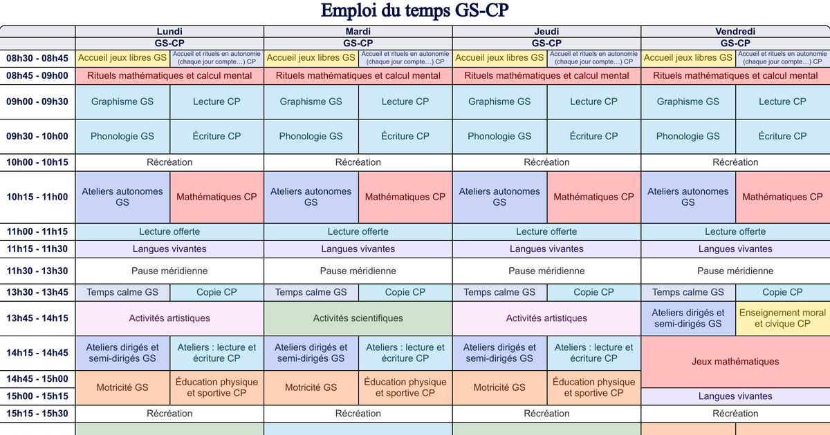 Emploi du temps GS-CP - Cycle 1 - Cycle 2 - Teetsh