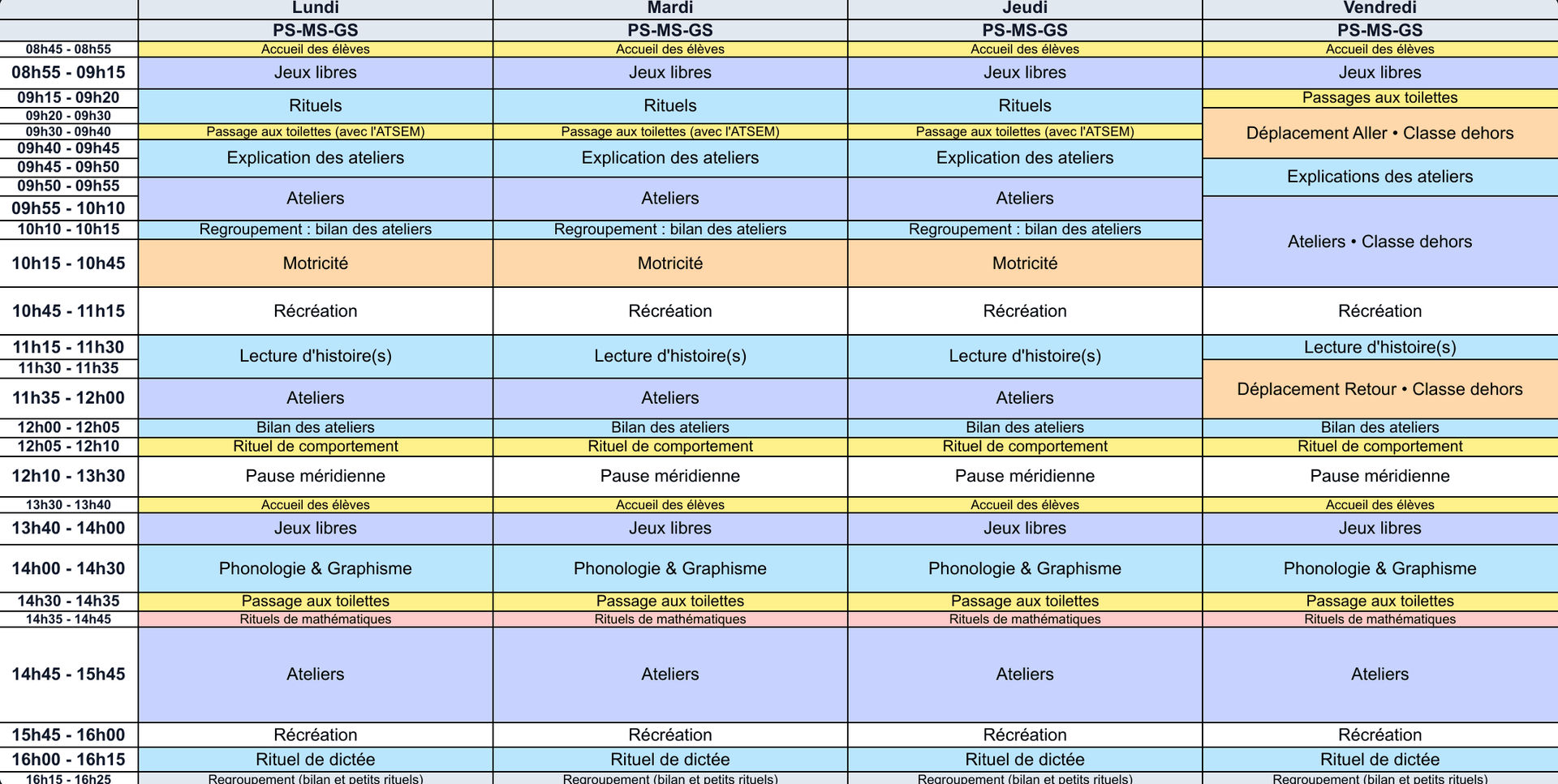 Emploi du temps PS-MS-GS sur 4 jours - Cycle 1 - Teetsh
