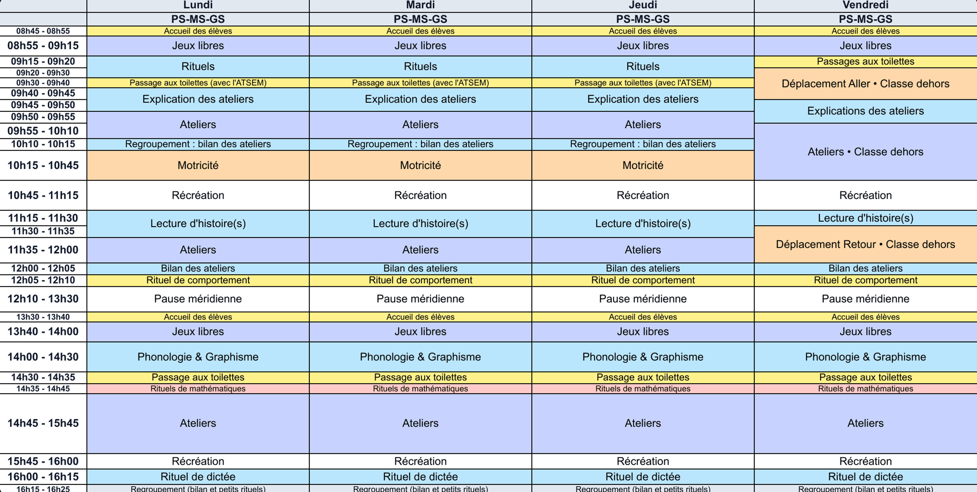 Emploi du temps PS-MS-GS sur 4 jours - Cycle 1 - Teetsh