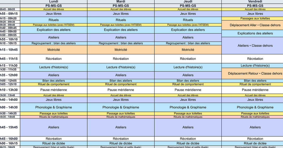 Emploi du temps PS-MS-GS sur 4 jours - Cycle 1 - Teetsh