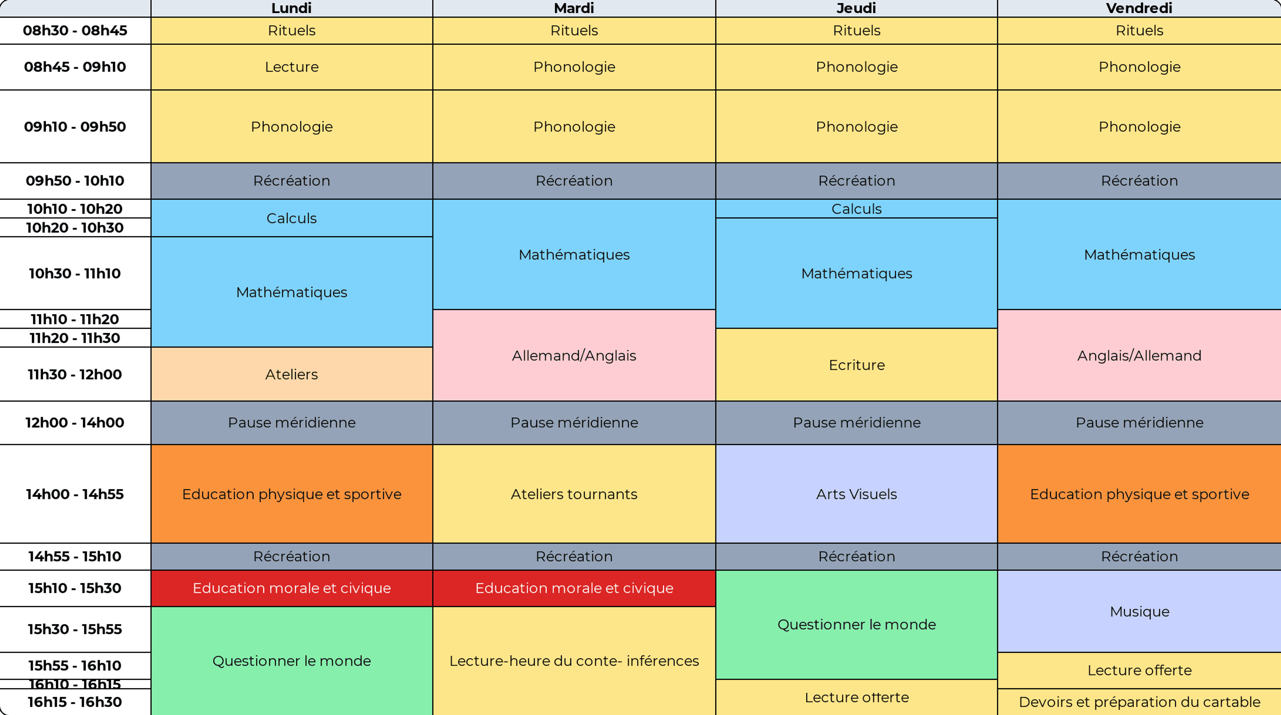 Emploi du temps d'une classe CP 4 jours - Cycle 2 - Teetsh